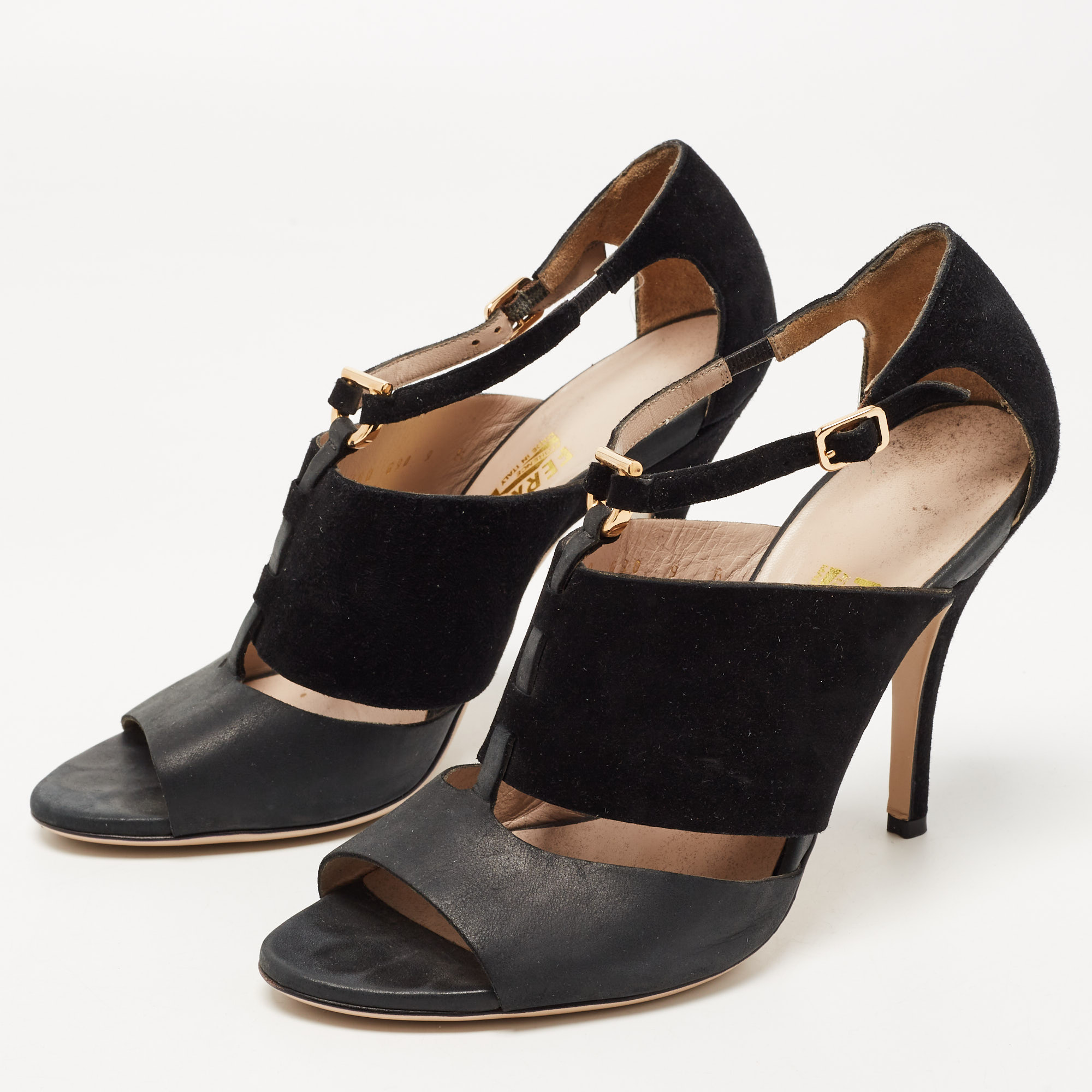 

Salvatore Ferragamo Black Leather and Suede T Strap Platform Sandals Size