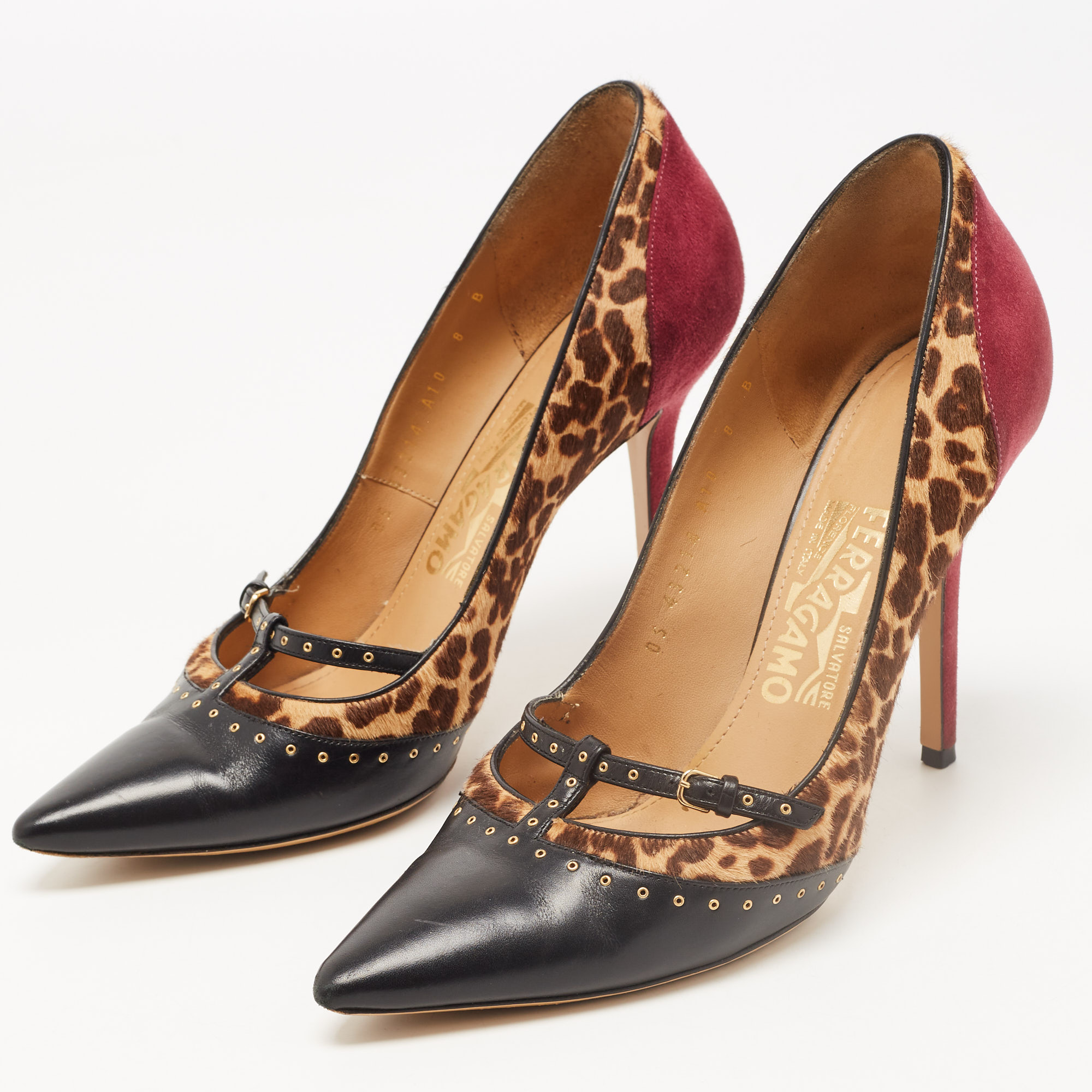 

Salvatore Ferragamo Tricolor Leather and Leopard Print Calf Hair Lienna Studded Pumps Size, Black