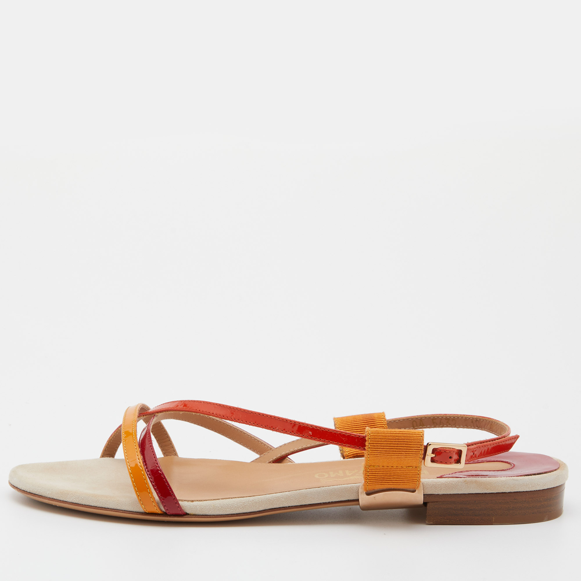 

Salvatore Ferragamo Multicolor Patent Leather Strappy Slingback Flat Sandals Size