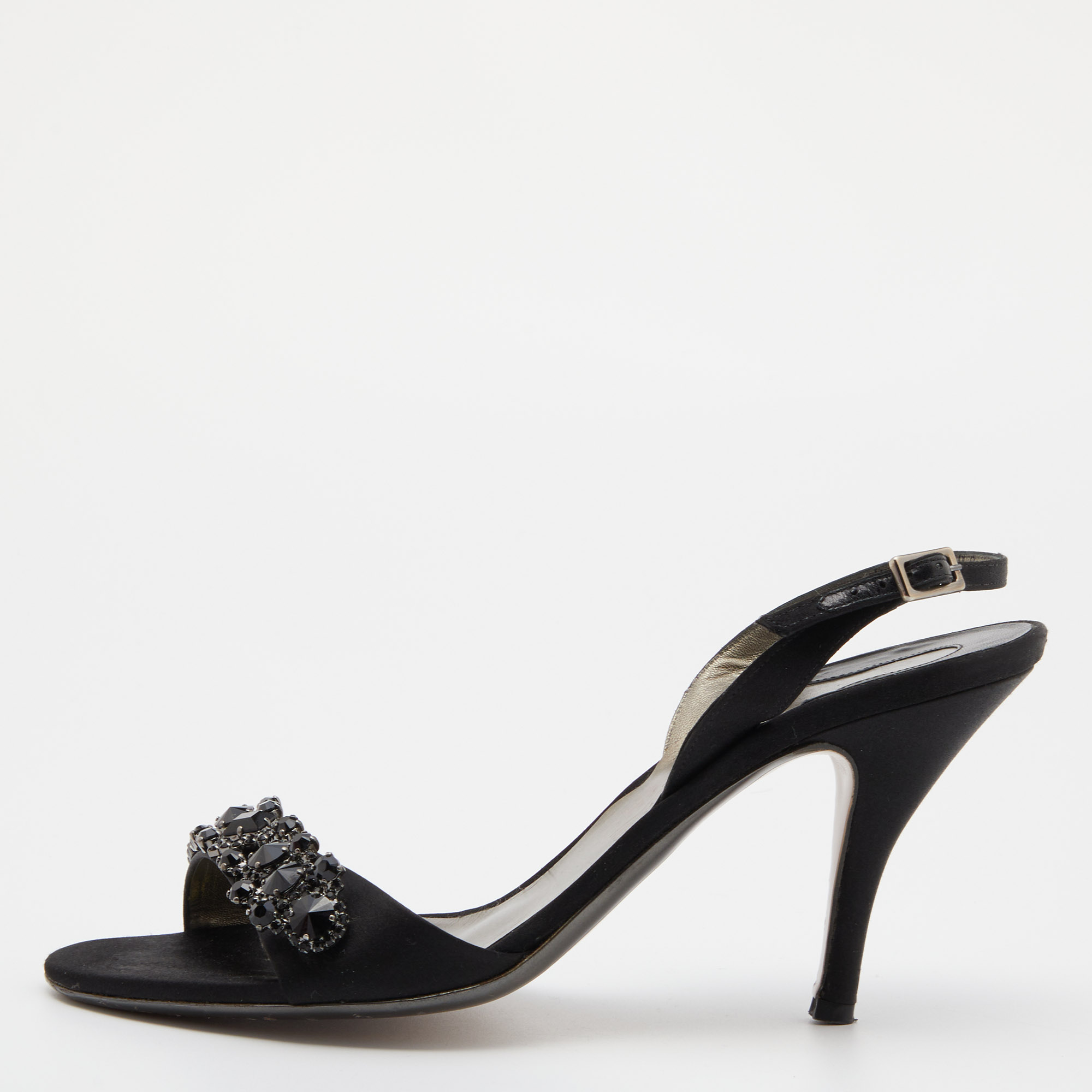 

Salvatore Ferragamo Black Satin Crystal Embellished Ankle Strap Sandals Size