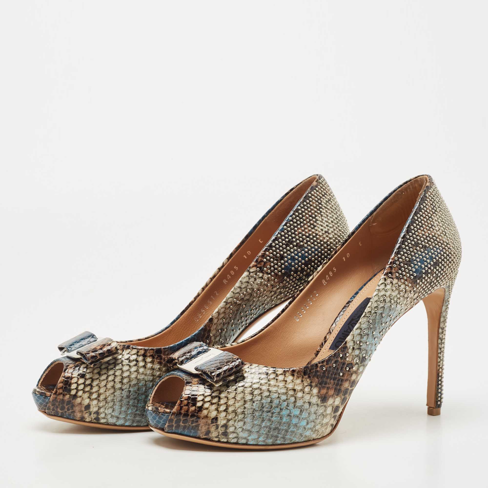 

Salvatore Ferragamo Multicolor Python Embossed Leather Studded Vara Bow Peep Toe Pumps Size