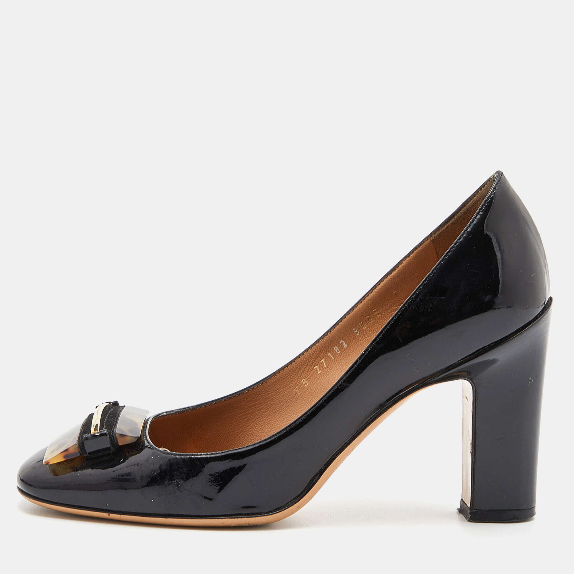 Pre-owned Ferragamo Black Patent Leather Block Heel Pumps Size 37.5