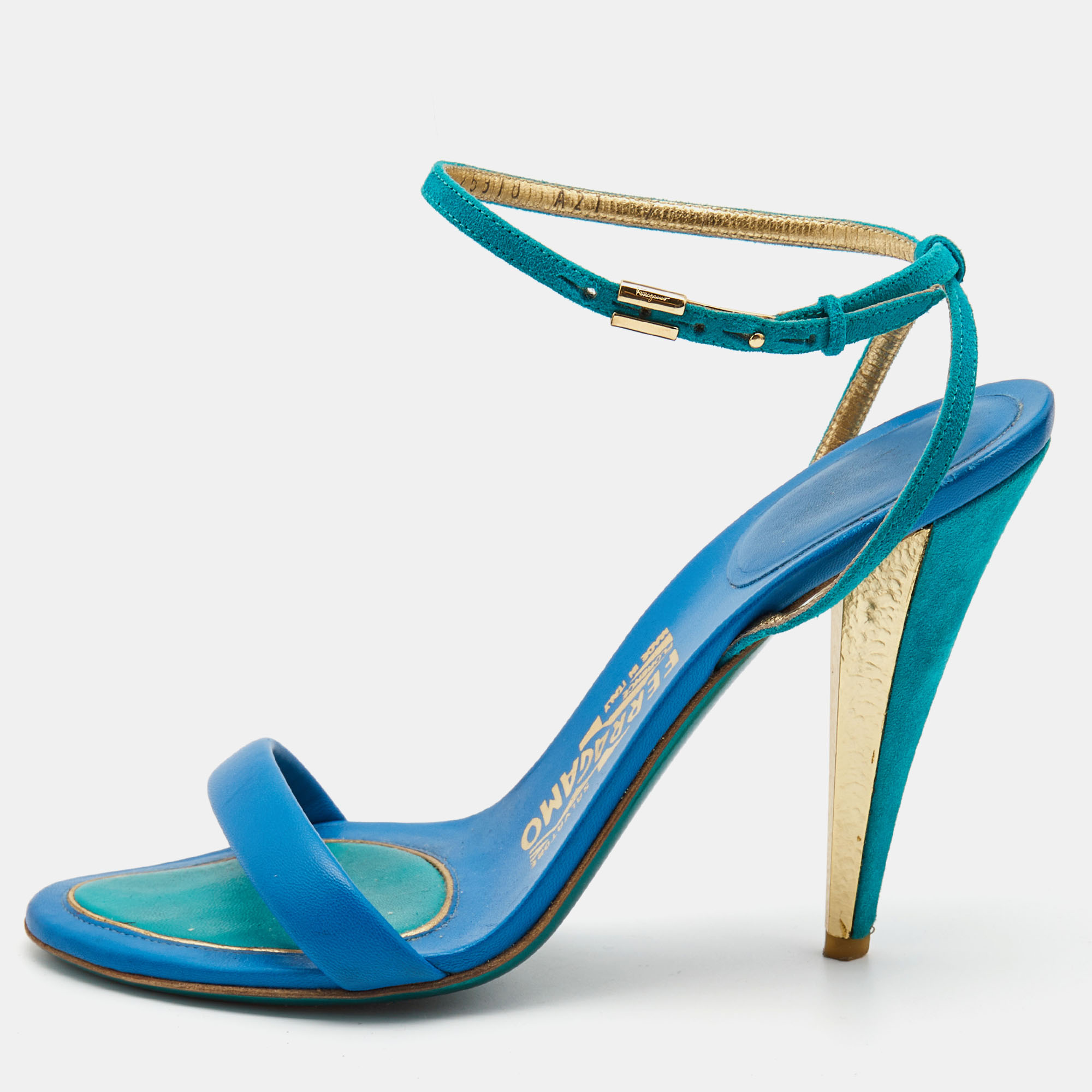 Pre-owned Ferragamo Blue/green Leather And Suede Ankle Strap Sandals Size 37.5
