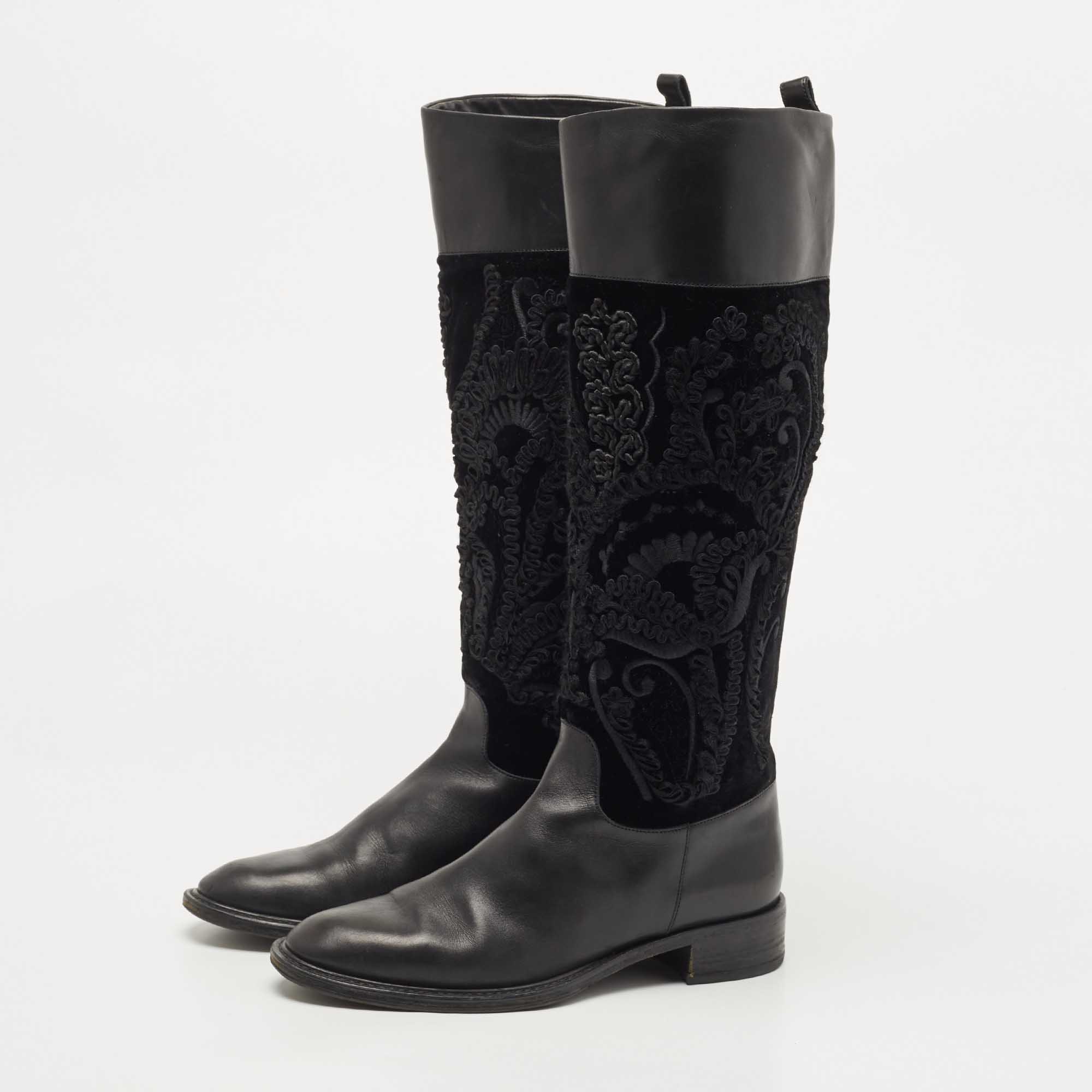 

Salvatore Ferragamo Black Leather and Velvet Knee Length Boots Size