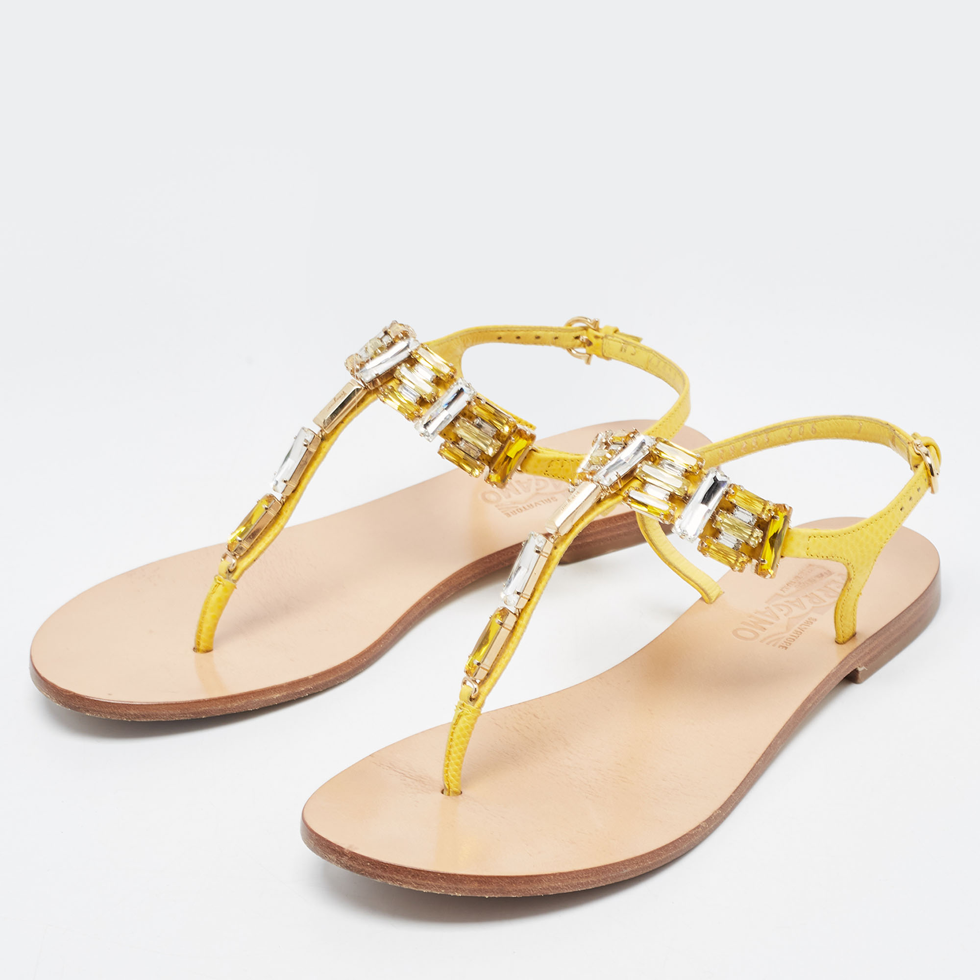 

Salvatore Ferragamo Yellow Leather Crystal Embellished T Strap Flats Size