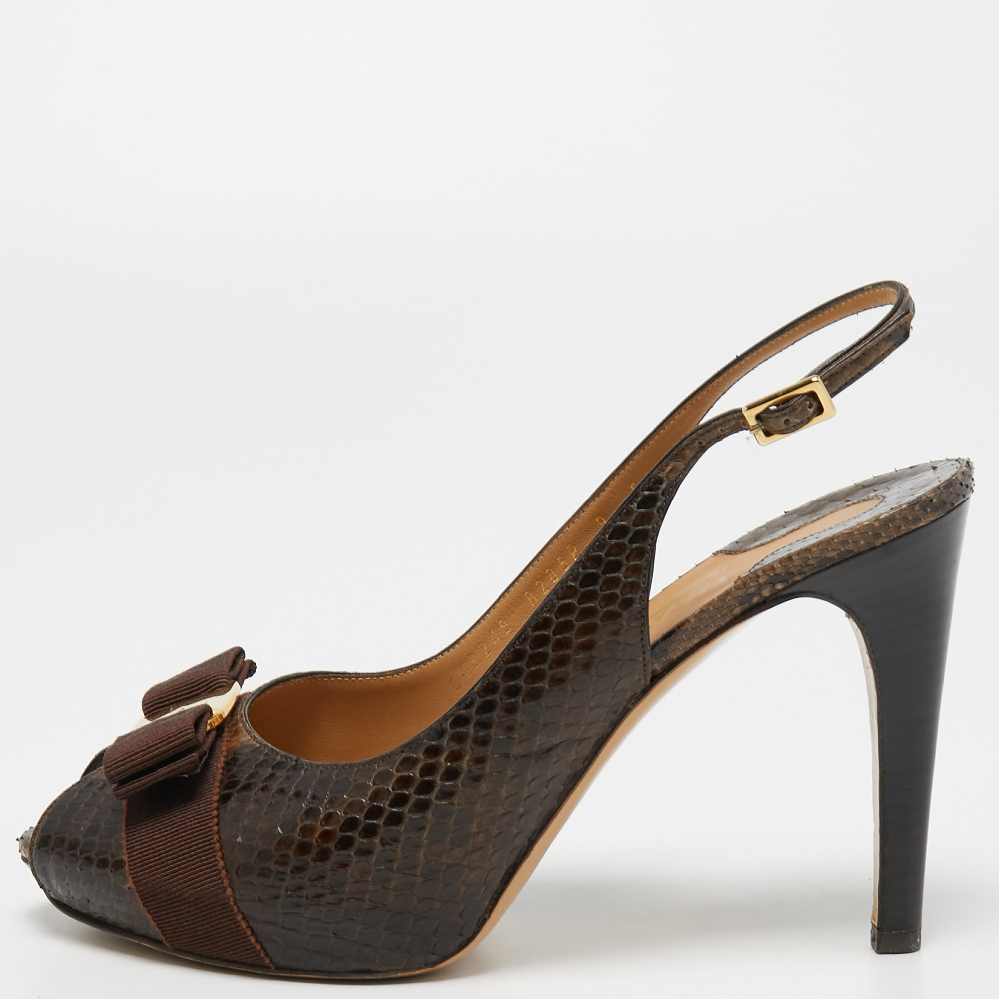 Pre-owned Ferragamo Brown Python Leather Vara Bow Slingback Pumps Size 39.5