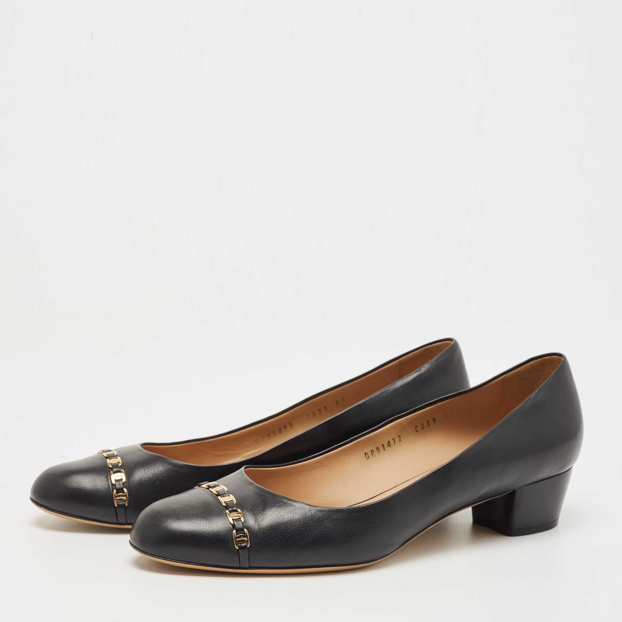 

Salvatore Ferragamo Blue Leather Block Heel Pumps Size, Black