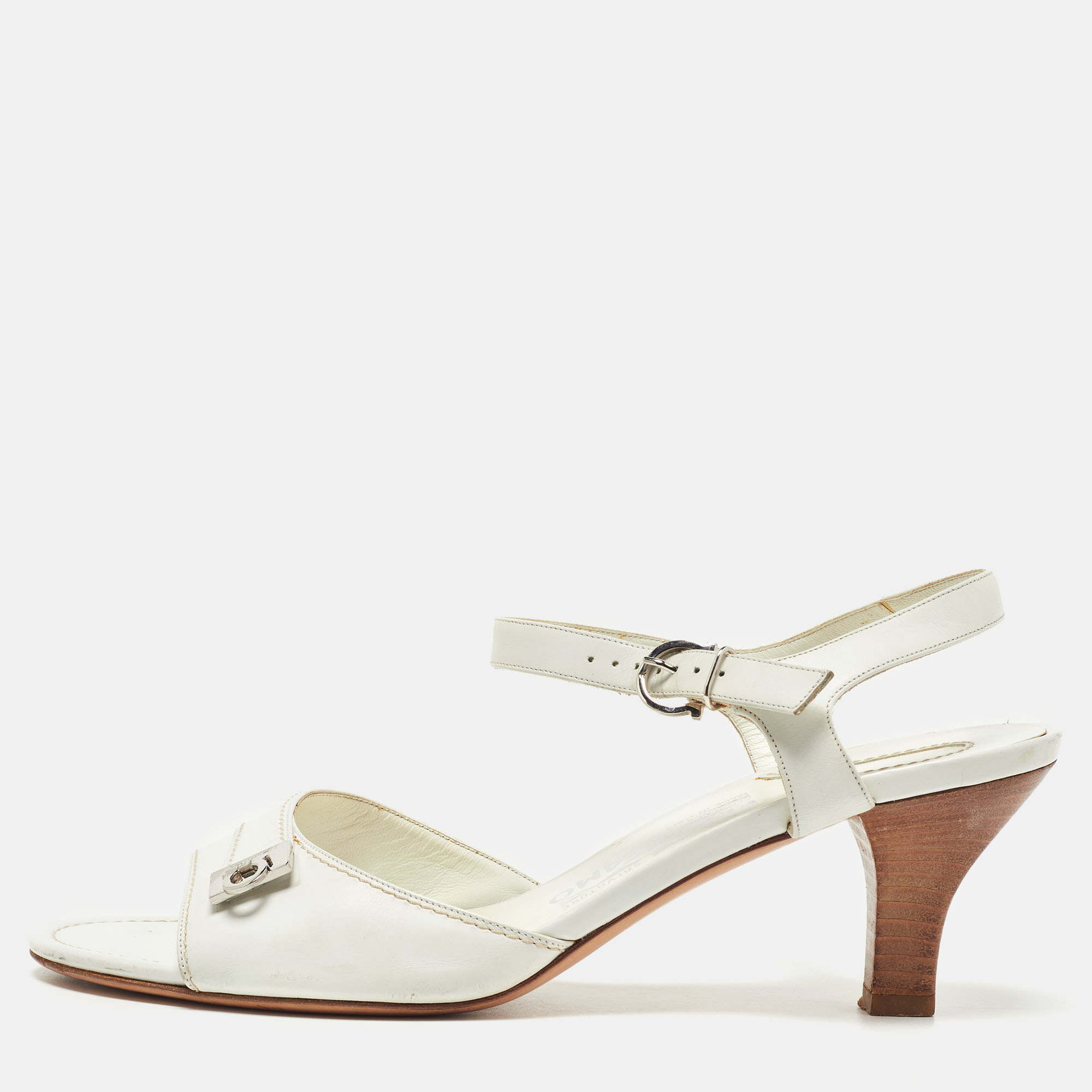 Pre-owned Ferragamo White Leather Ankle Strap Sandals Size 39