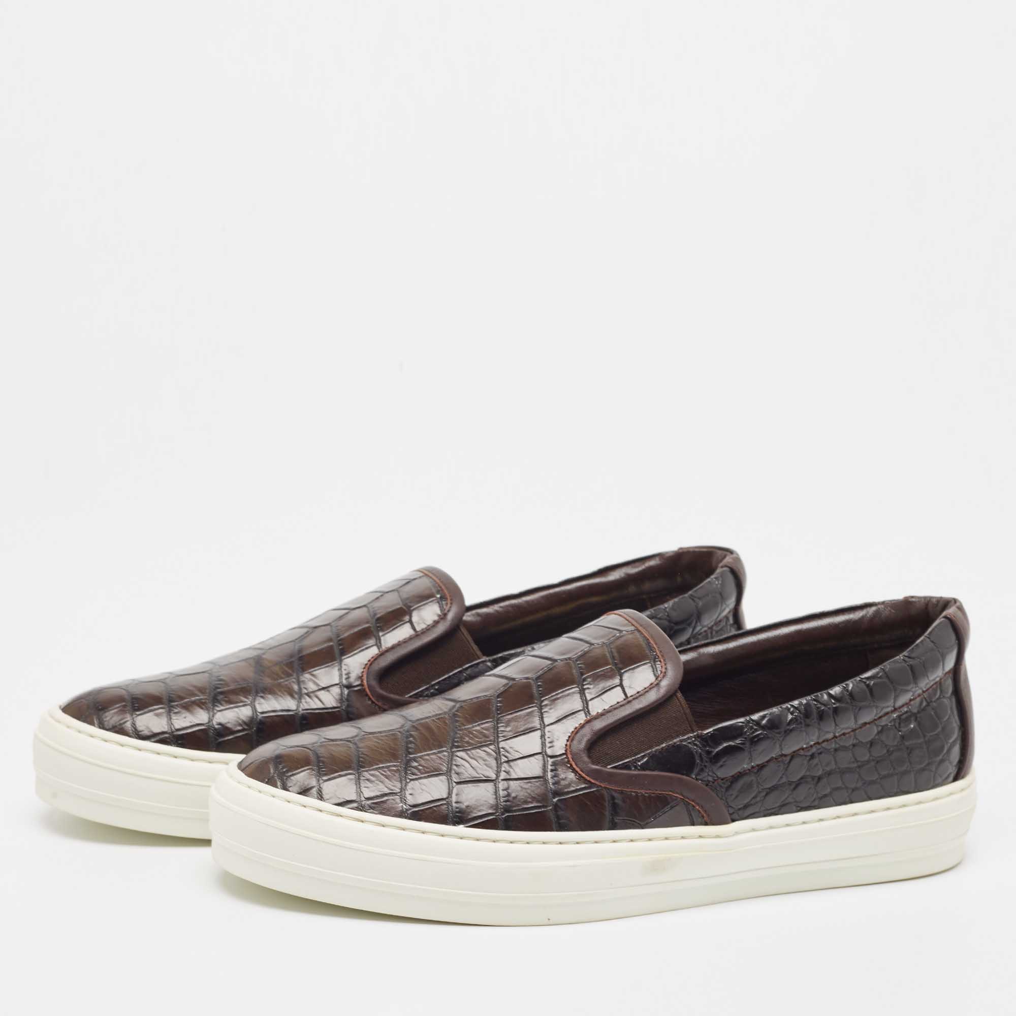 

Salvatore Ferragamo Brown Croc Leather Pacau Slip On Sneakers Size