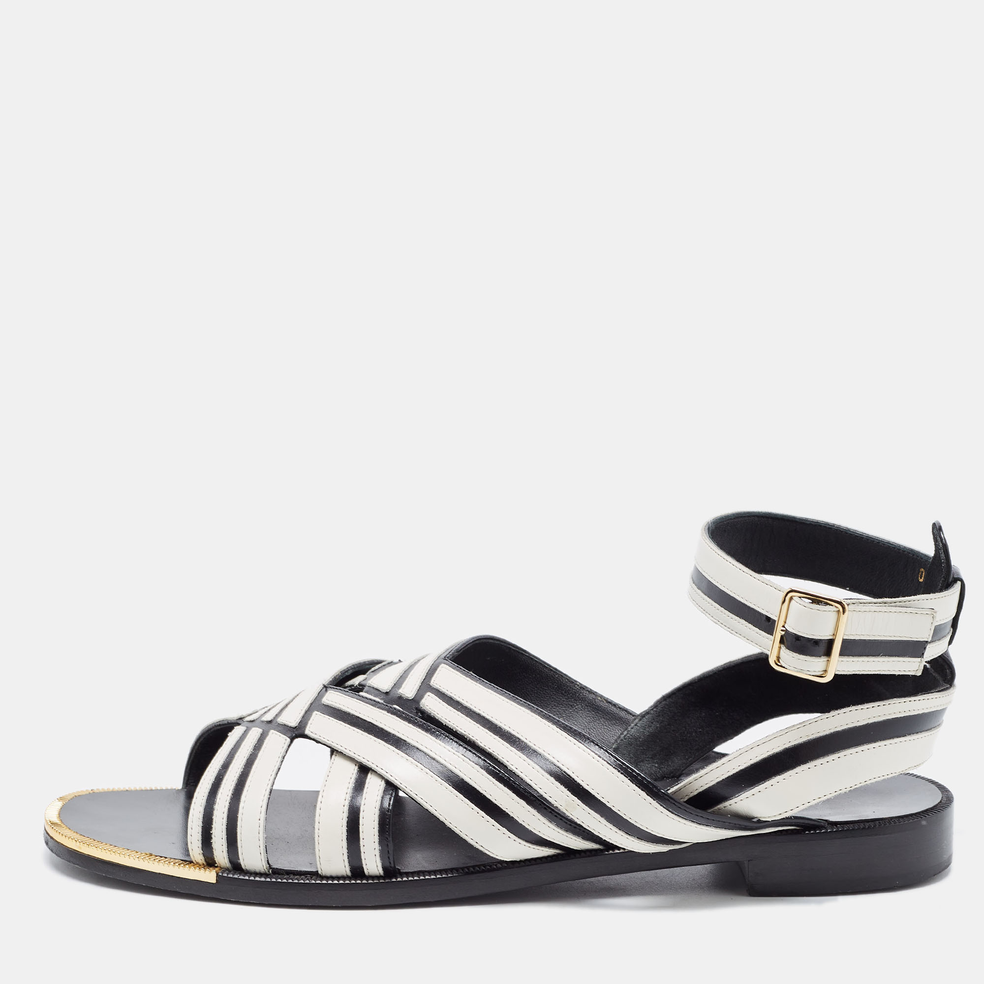 Pre-owned Ferragamo Black/white Leather Ankle Strap Sandals Size 40