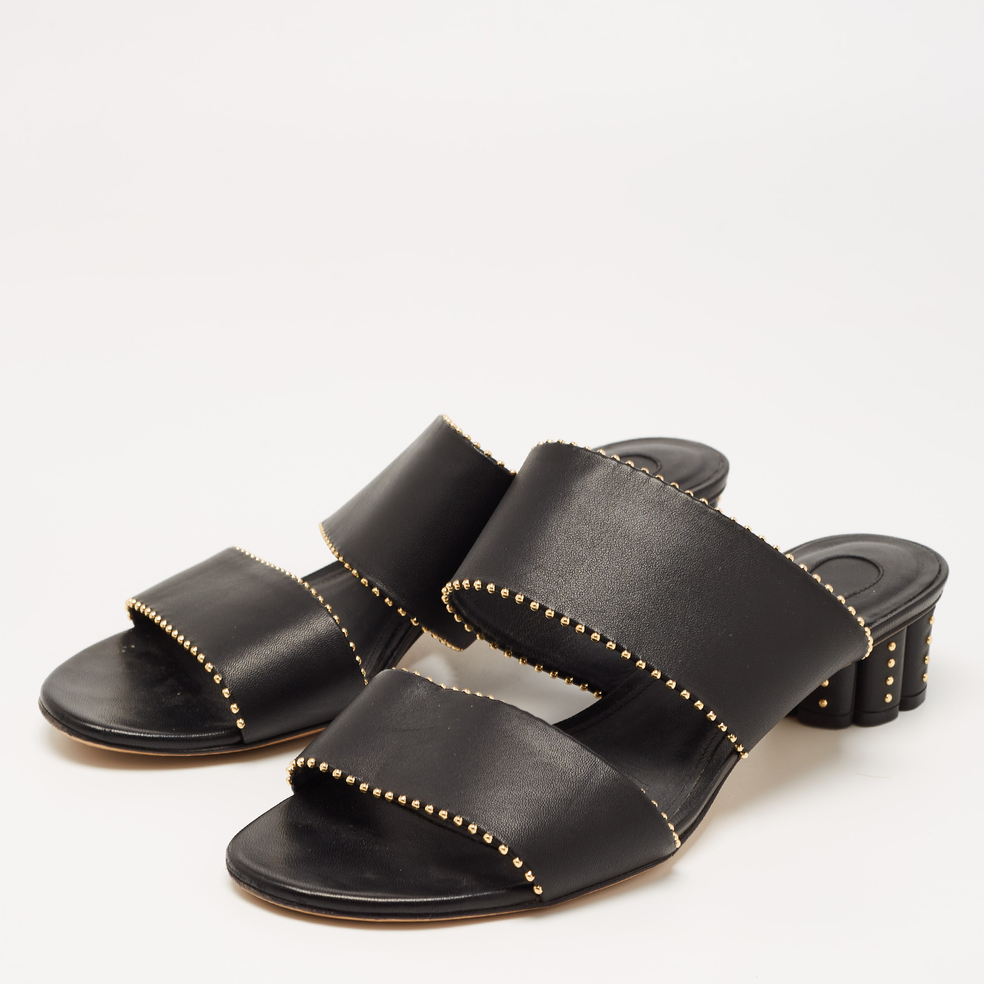 

Salvatore Ferragamo Black Leather Studded Slide Sandals Size