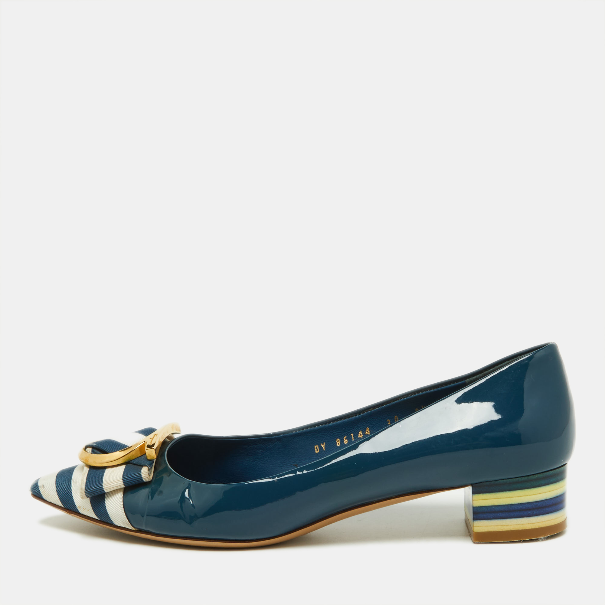 Pre-owned Ferragamo Blue Patent Leather And Fabric Fele Gancio Pointed Ballet Flat Size 39