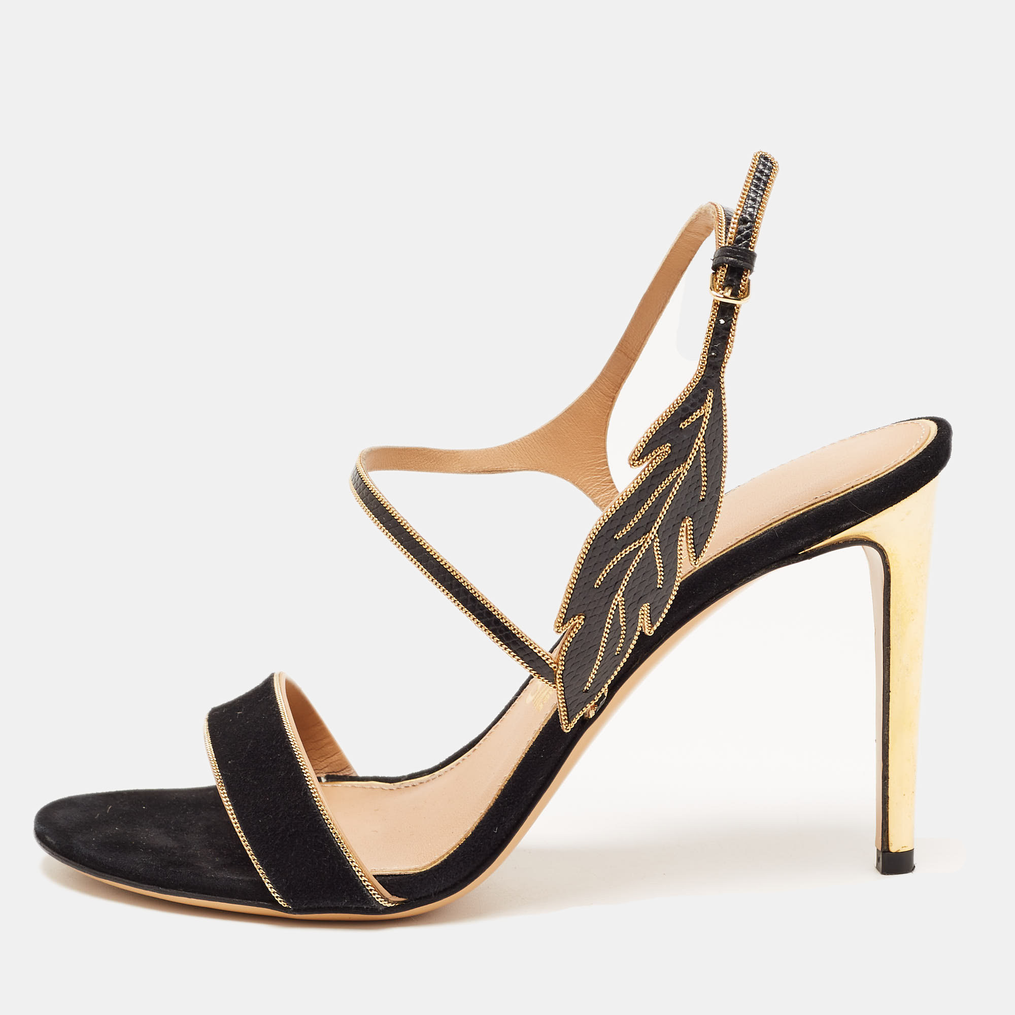 Pre-owned Ferragamo Black Embellished Suede Shine Sandals Size 37.5
