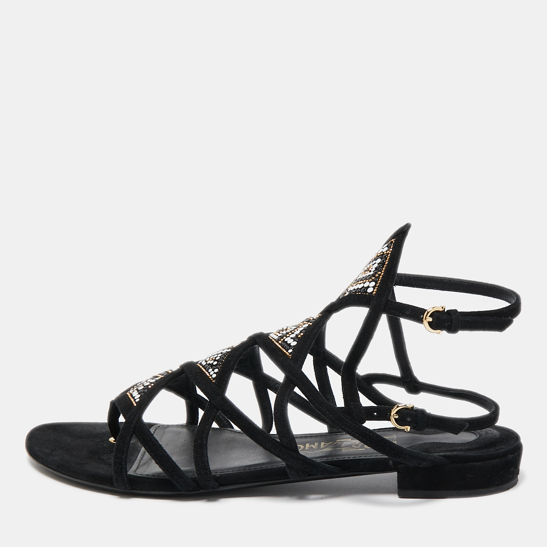 Pre-owned Ferragamo Black Suede Embellished Slingback Flat Sandals Size 39