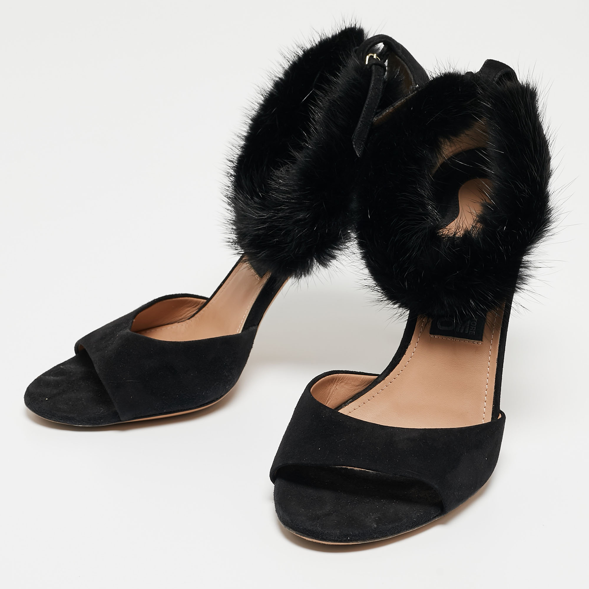 

Salvatore Ferragamo Black Suede and Fur Ankle Strap Sandals Size