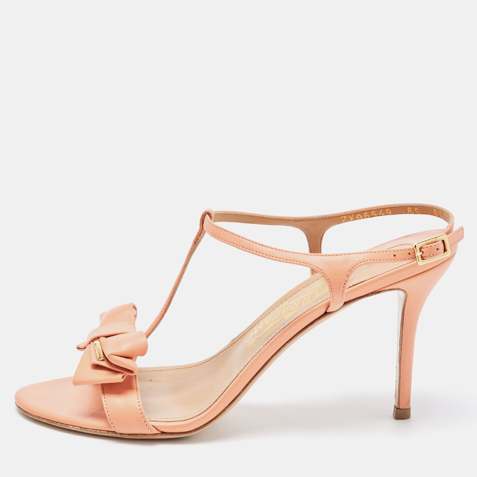 Pre-owned Ferragamo Peach Leather Bow T-bar Ankle Strap Sandals Size 39 In Pink
