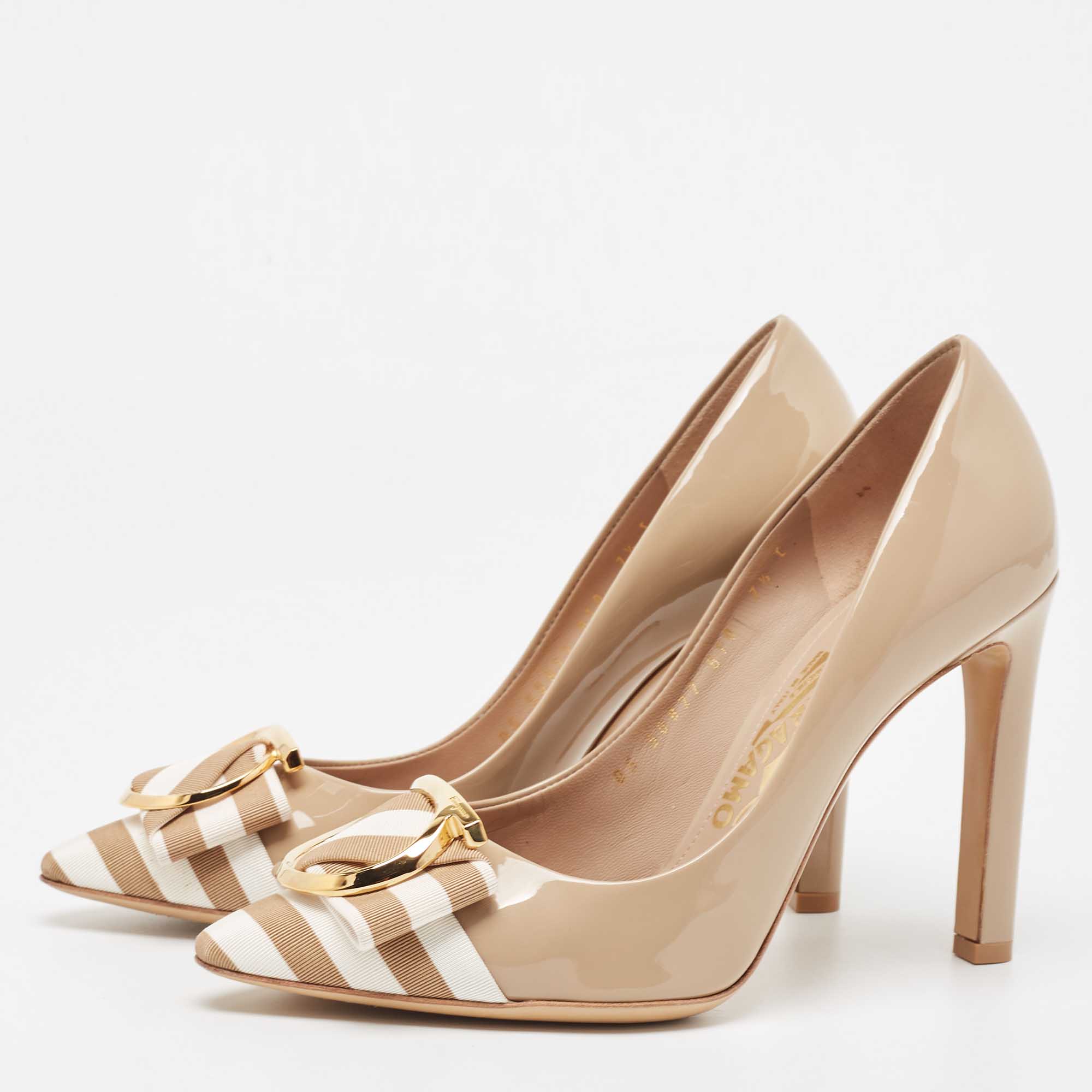 

Salvatore Ferragamo Beige/White Patent Leather and Canvas Ezia Pumps Size