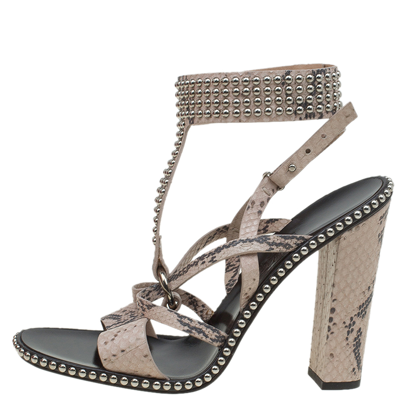 

Salvatore Ferragamo Beige Python Sienna Studded Ankle Strap Sandals Size