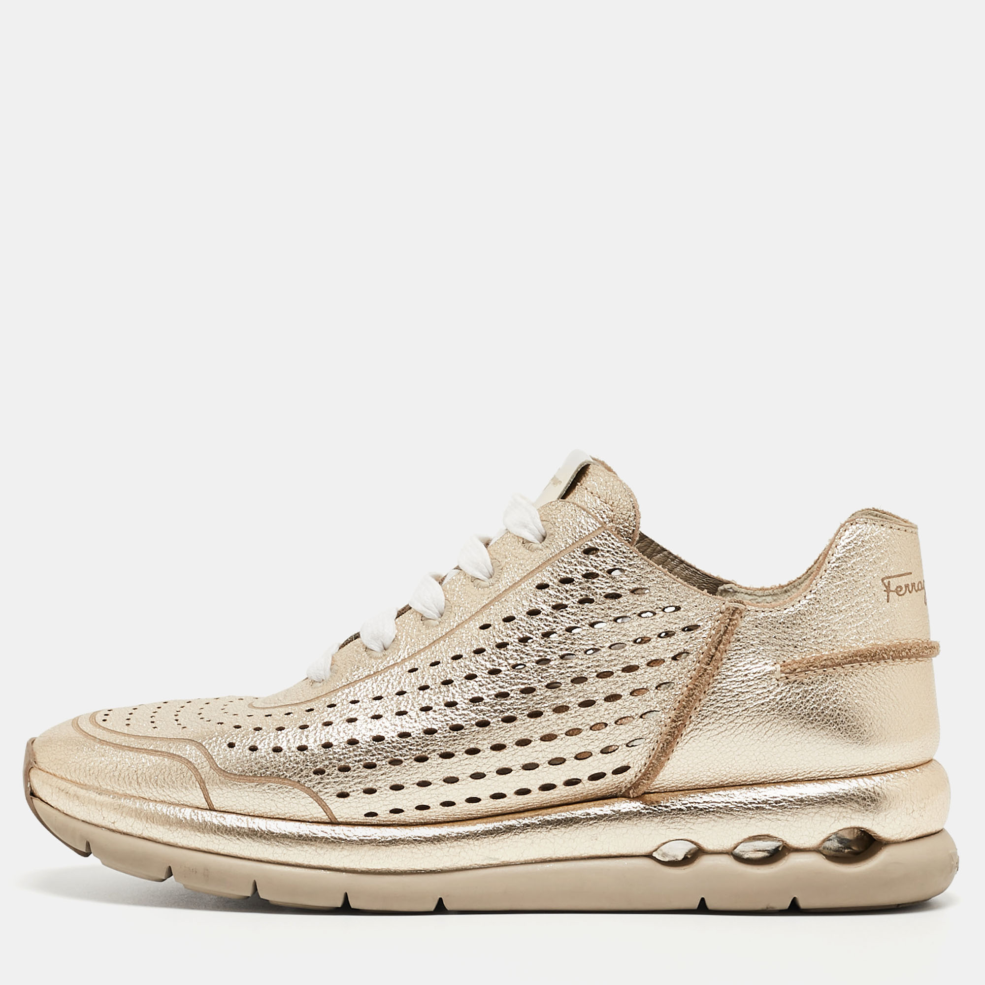 

Salvatore Ferragamo Golden Perforated Leather Gils Sneakers Size, Gold