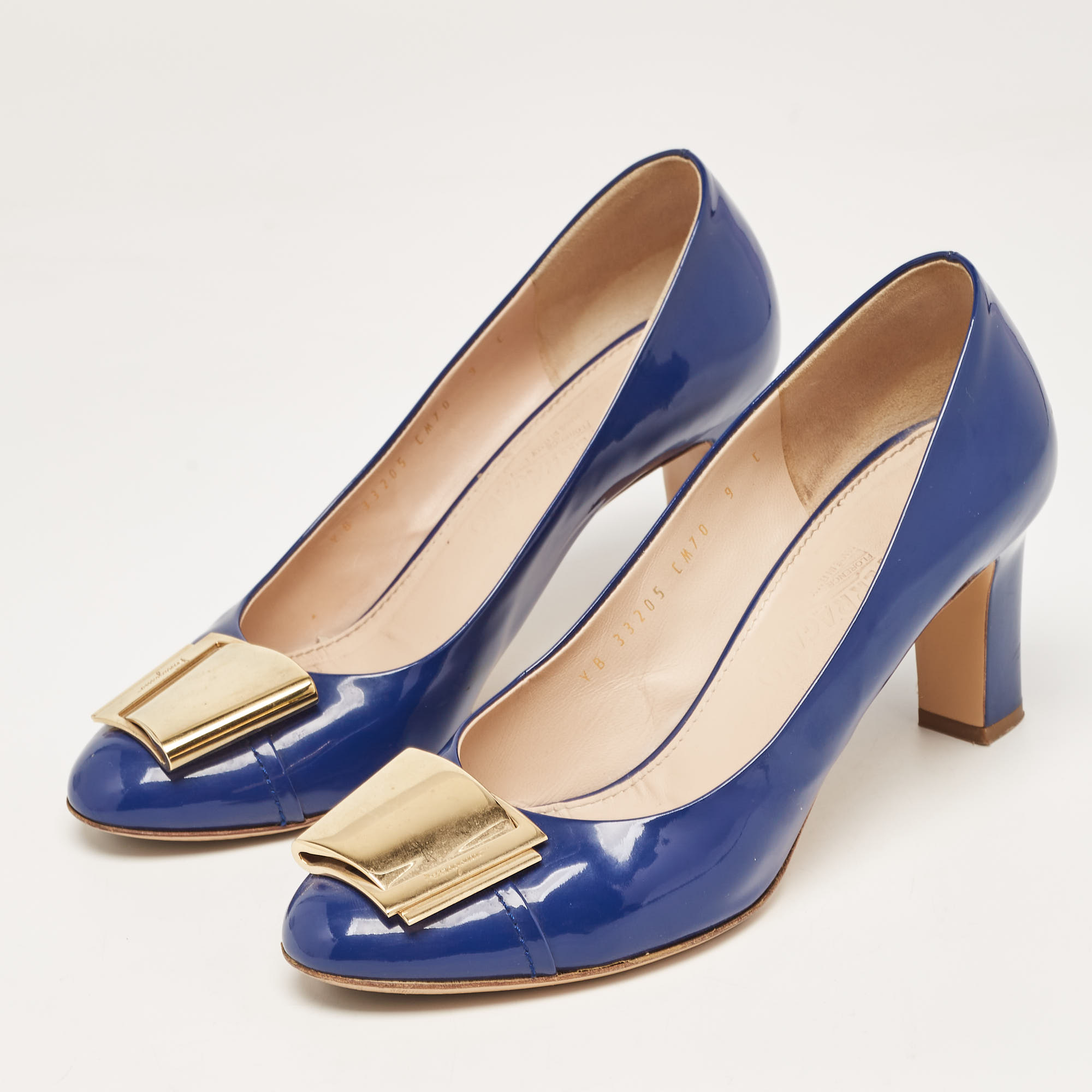 

Salvatore Ferragamo Blue Patent Leather Block Heel Pumps Size