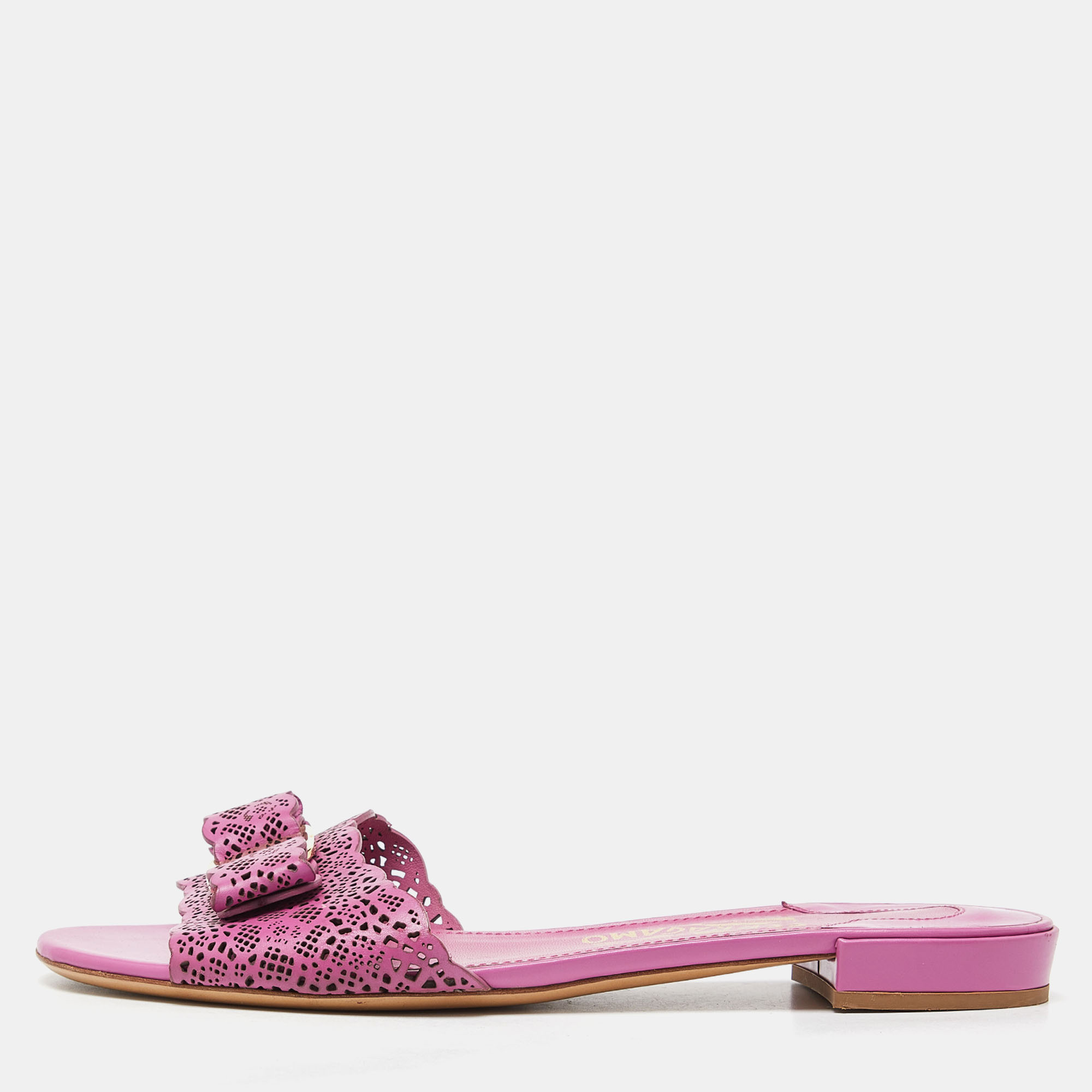 Pre-owned Ferragamo Pink Laser Cut Leather Gil Flat Slide Sandals Size 38.5
