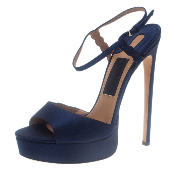 Salvatore Ferragamo Blue Satin Platform Sandals Size 39