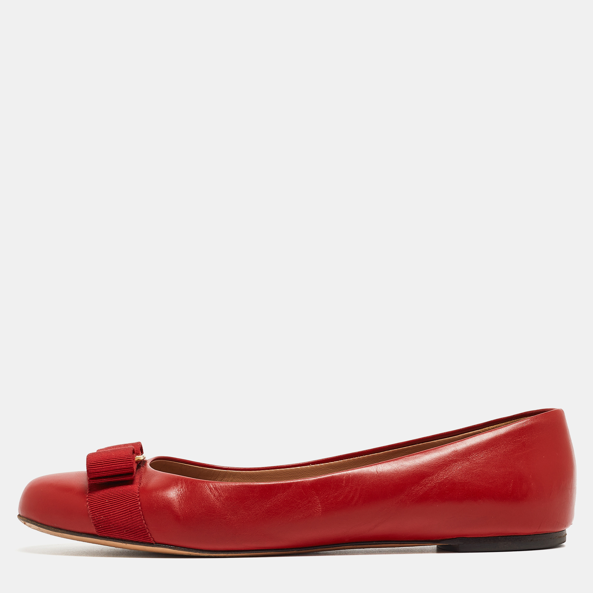 Pre-owned Ferragamo Red Leather Varina Bow Ballet Flats Size 40