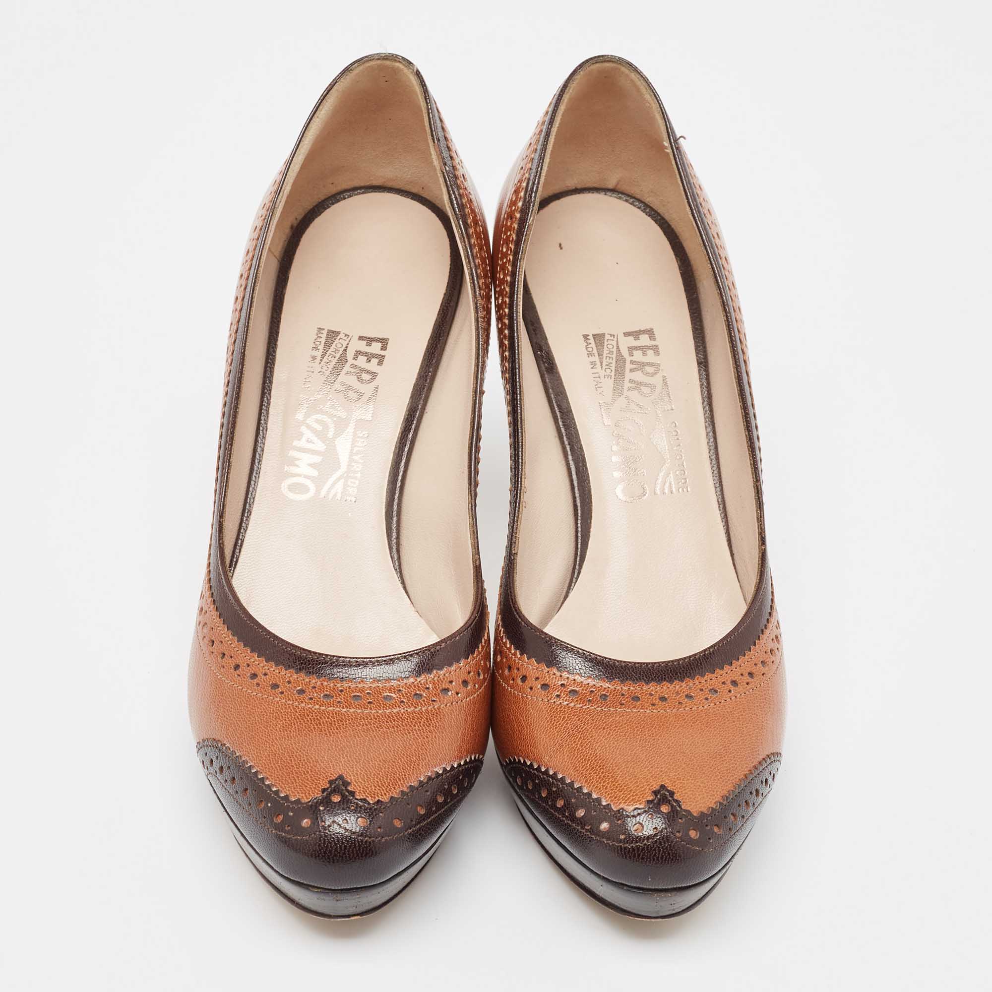 Salvatore Ferragamo Brown/Black Brogue Leather Platform Pumps Size 