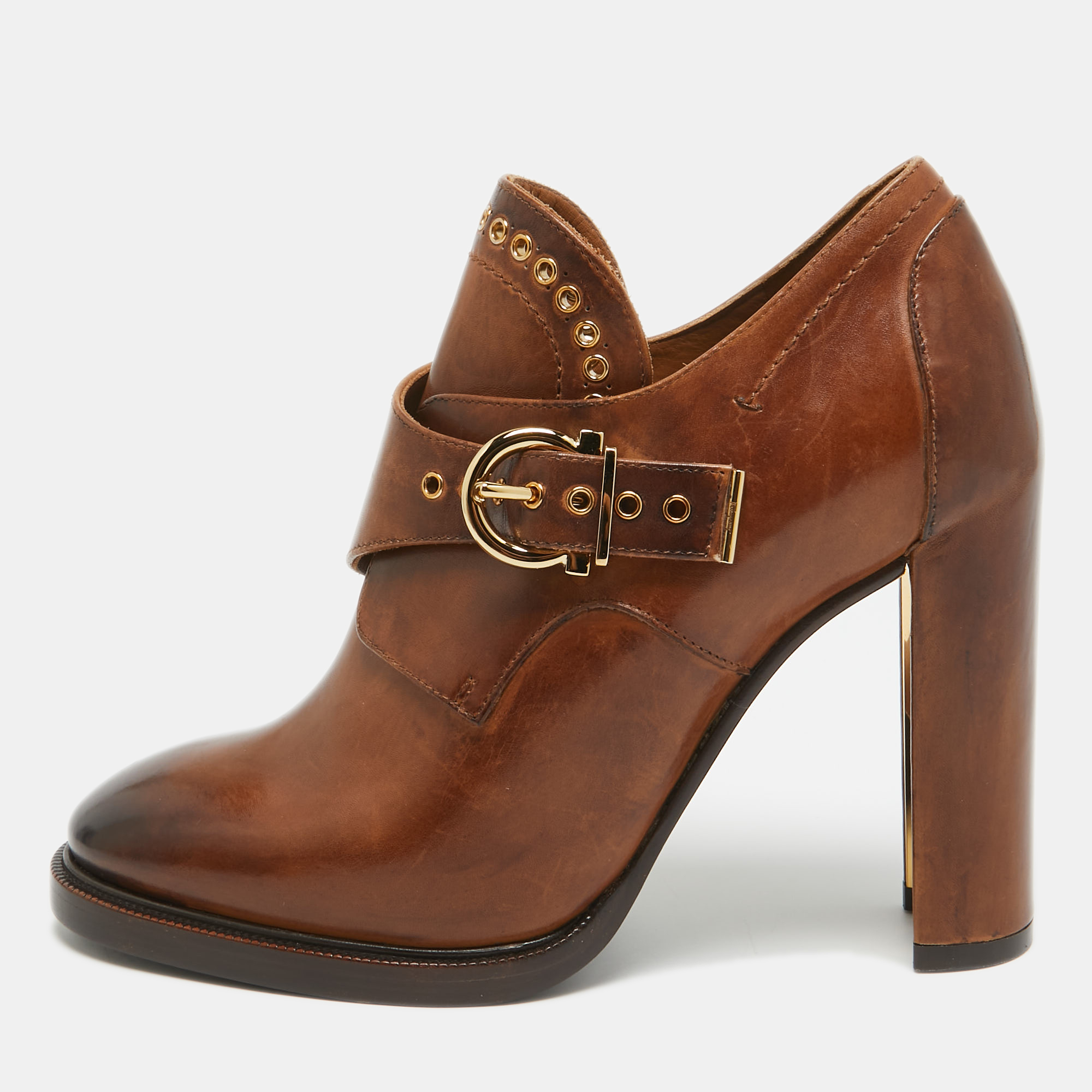 Pre-owned Ferragamo Brown Leather Nevers Eyelet Buckle Detail Ankle Booties Size 39