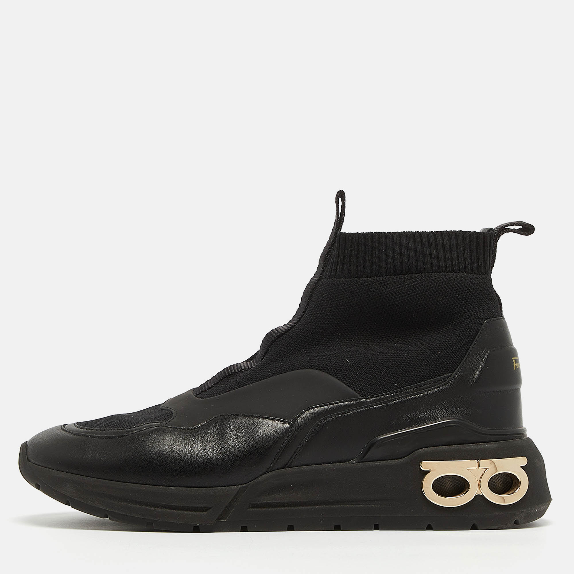 

Salvatore Ferragamo Black Leather and Knit Fabric Cosma Sock Sneakers Size