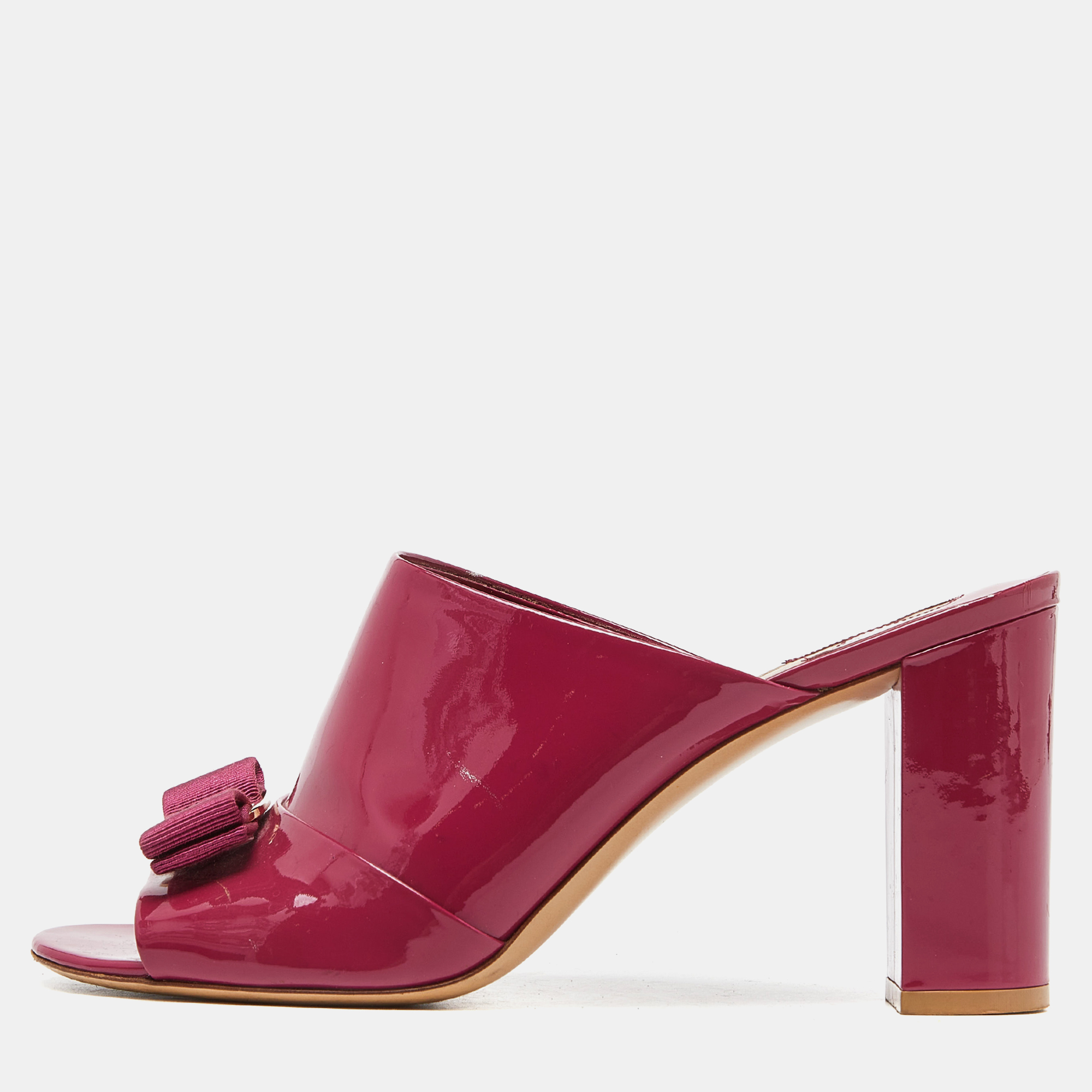 

Salvatore Ferragamo Fuchsia Patent Leather Vara Bow Block Heel Mules Size 39, Pink