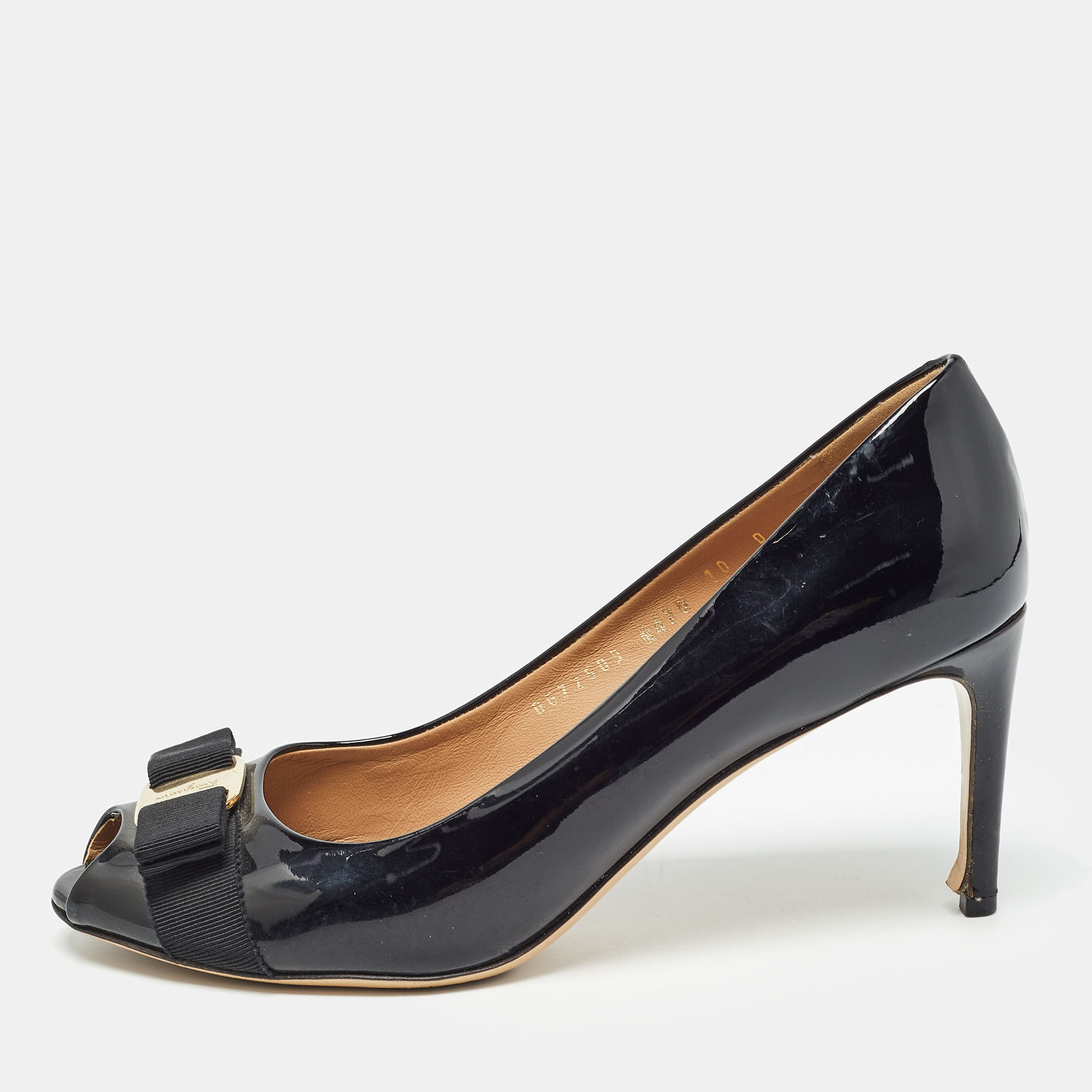 

Salvatore Ferragamo Black Patent Leather Vara Bow Peep Toe Pumps Size 40.5