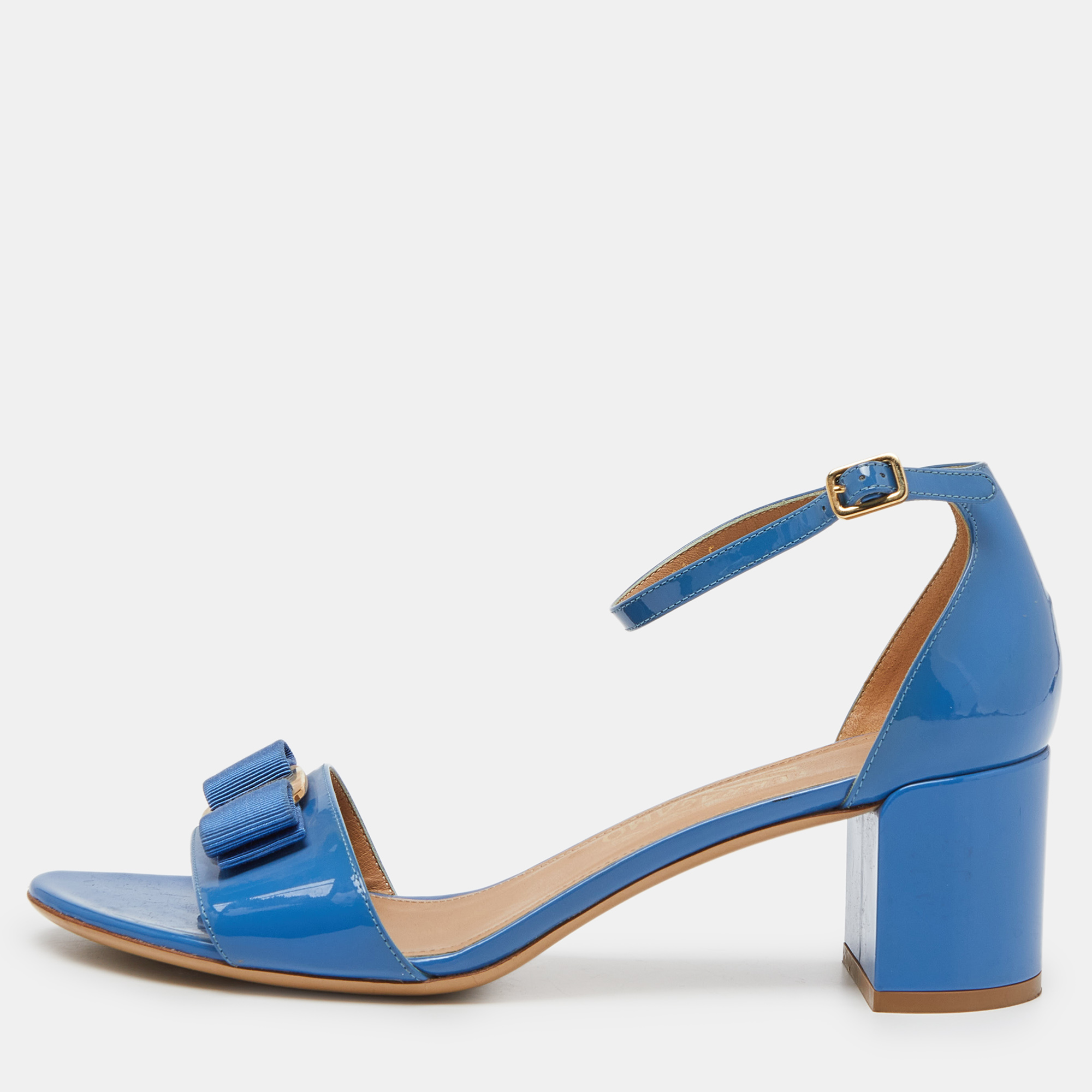 

Salvatore Ferragamo Blue Patent Leather Block Heel Ankle Sandals Size