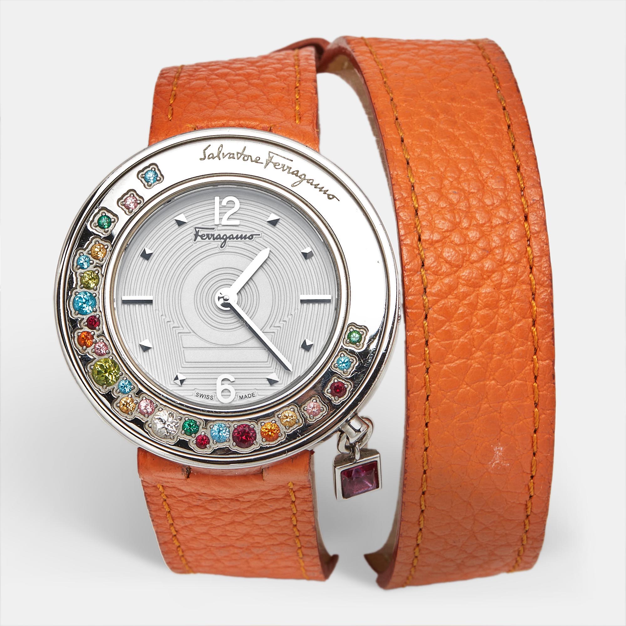 

Salvatore Ferragamo Gancino Sparkling F64 Silver White Dial Stainless Steel Leather Women's Wristwatch, Orange
