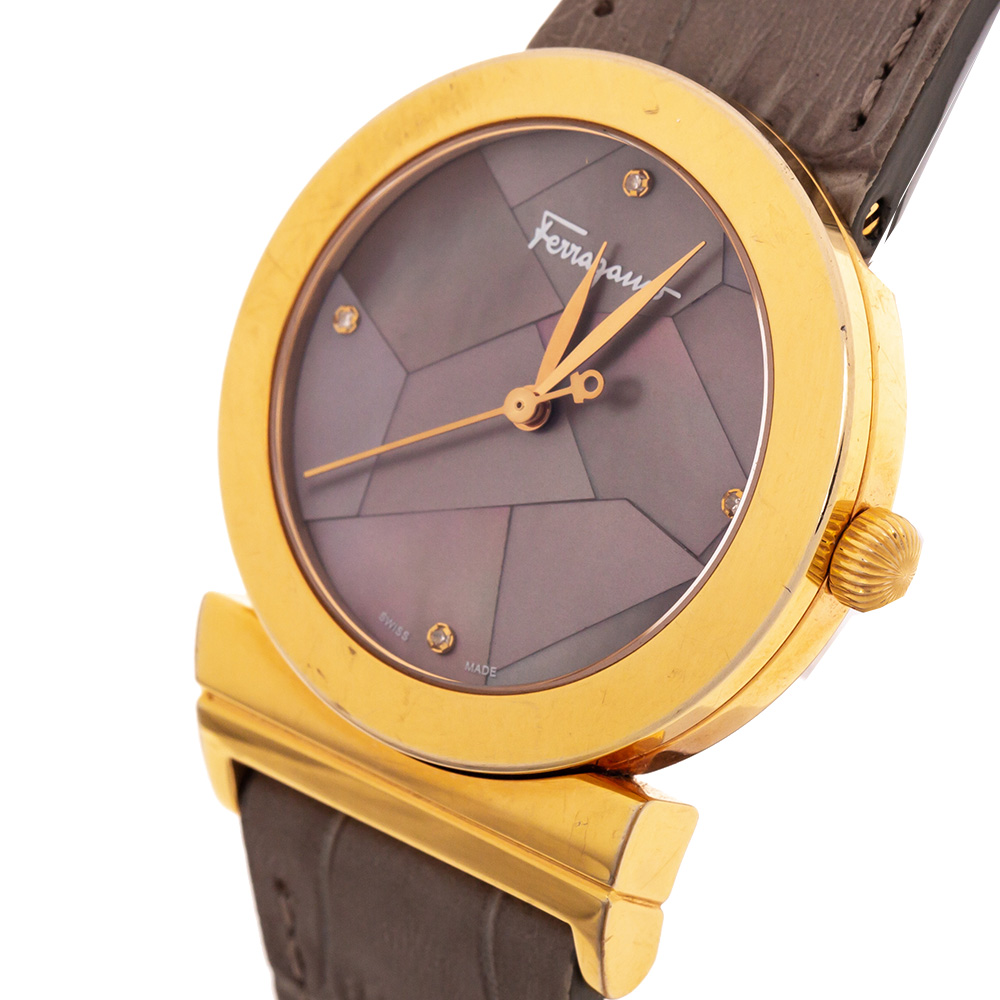 

Salvatore Ferragamo Brown Mother Of Pearl Gold Plated Stainless Steel Grande Maison FG2 Women's Wristwatch