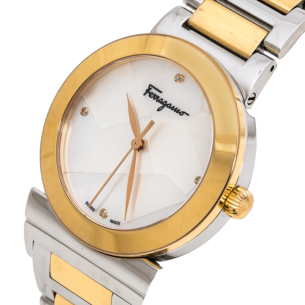 

Salvatore Ferragamo White Mother Of Pearl Two-Tone Stainless Steel Grande Maison FG2 Women's Wristwatch, Silver