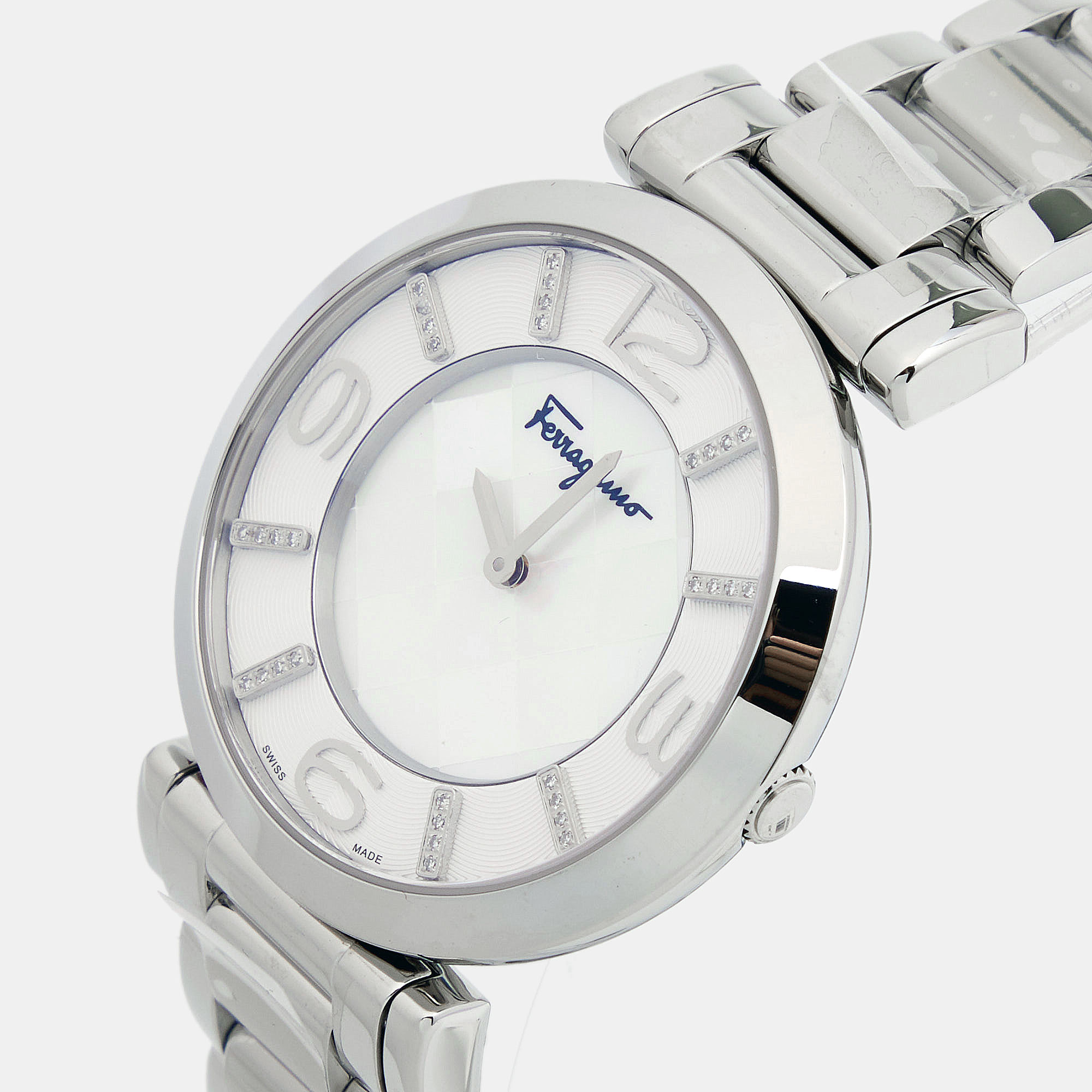 

Salvatore Ferragamo Mother of Pearl Diamond Stainless Steel Gancino Deco FG3050014 Women's Wristwatch, White