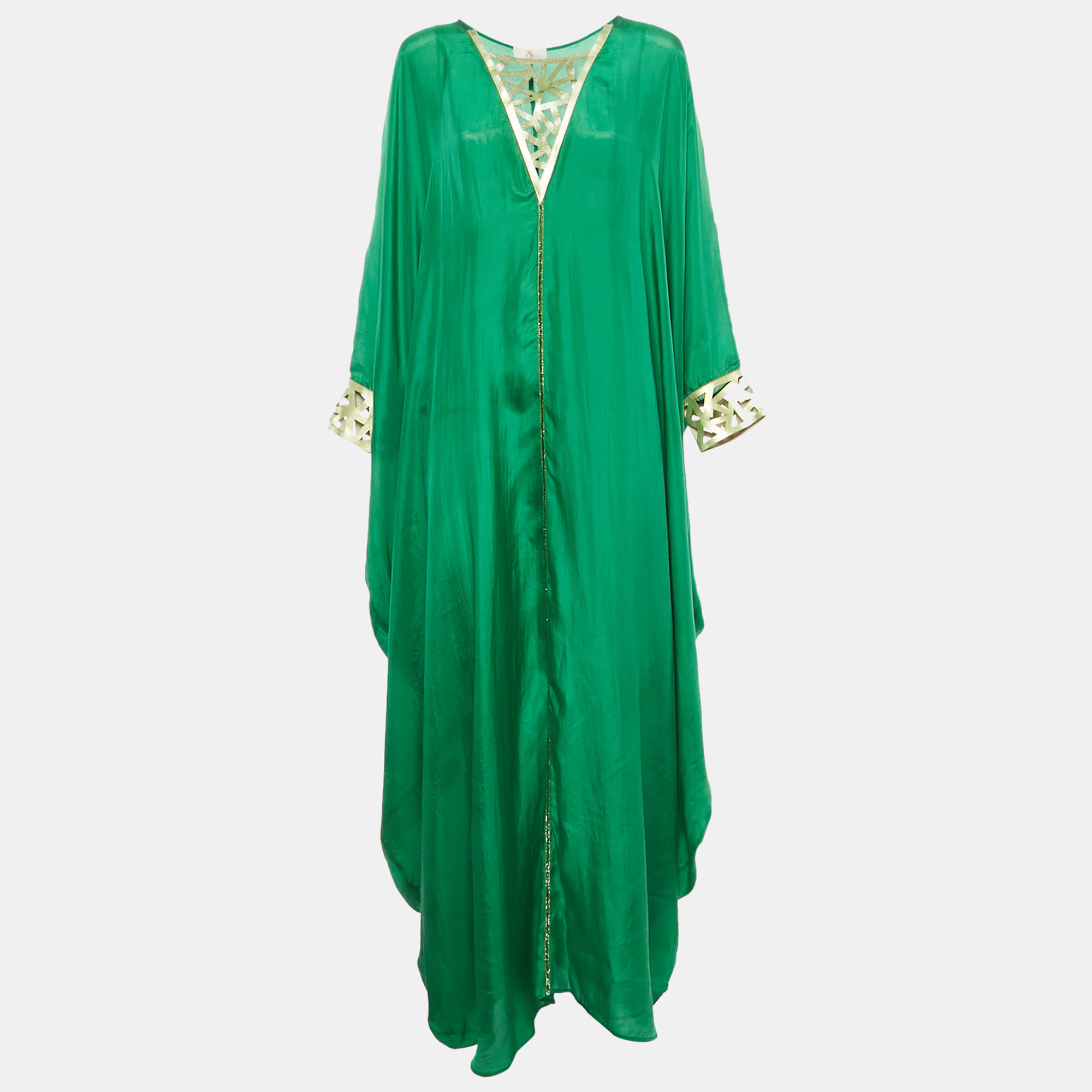 Pre-owned Sana Osmani Green Silk Laser Cut Detail Paros Maxi Kaftan One Size