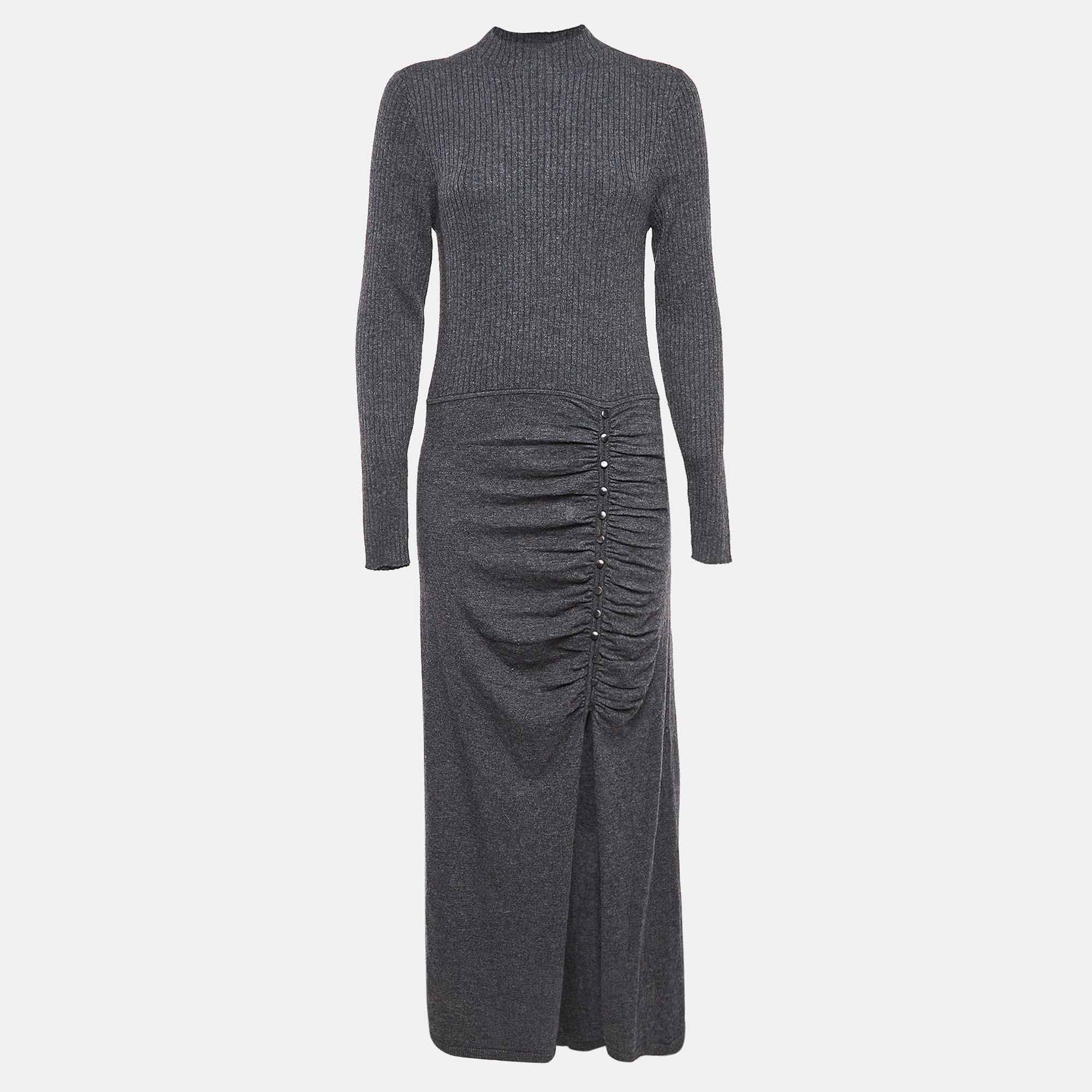 

Sandro Grey Rib Knit Buttoned Ruche Detail Midi Dress XL