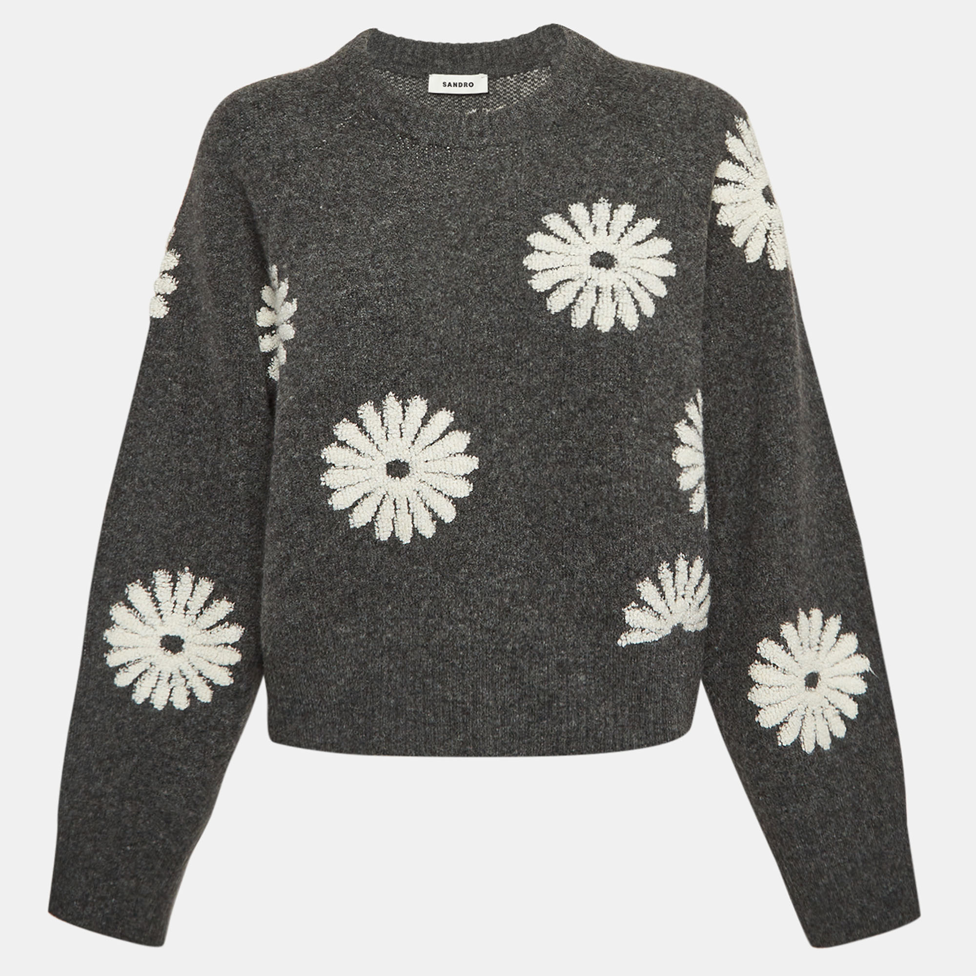 Pre-owned Sandro Grey Floral Intarsia Knit Sweater L