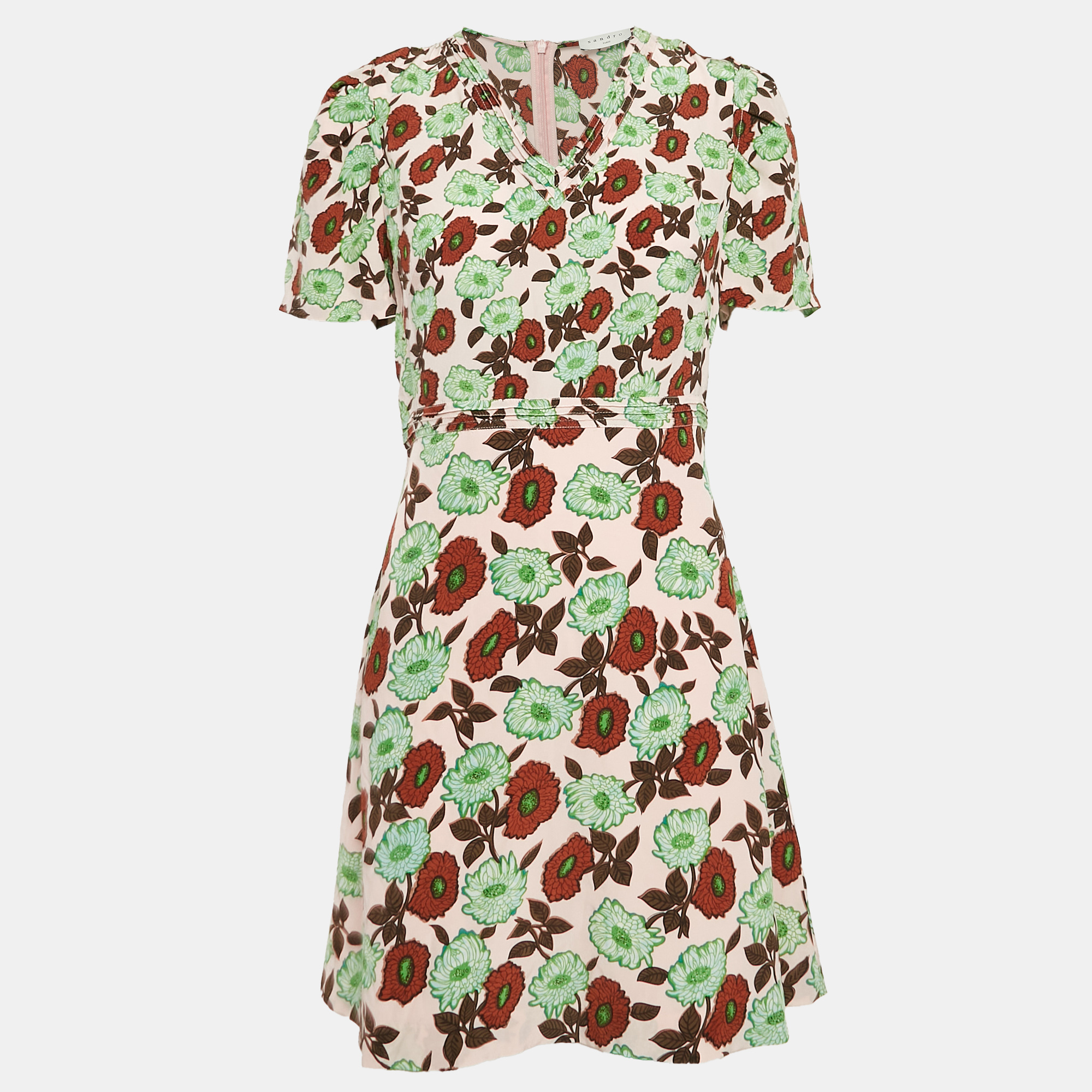 

Sandro Pink Floral Print Silk V-Neck Dress M