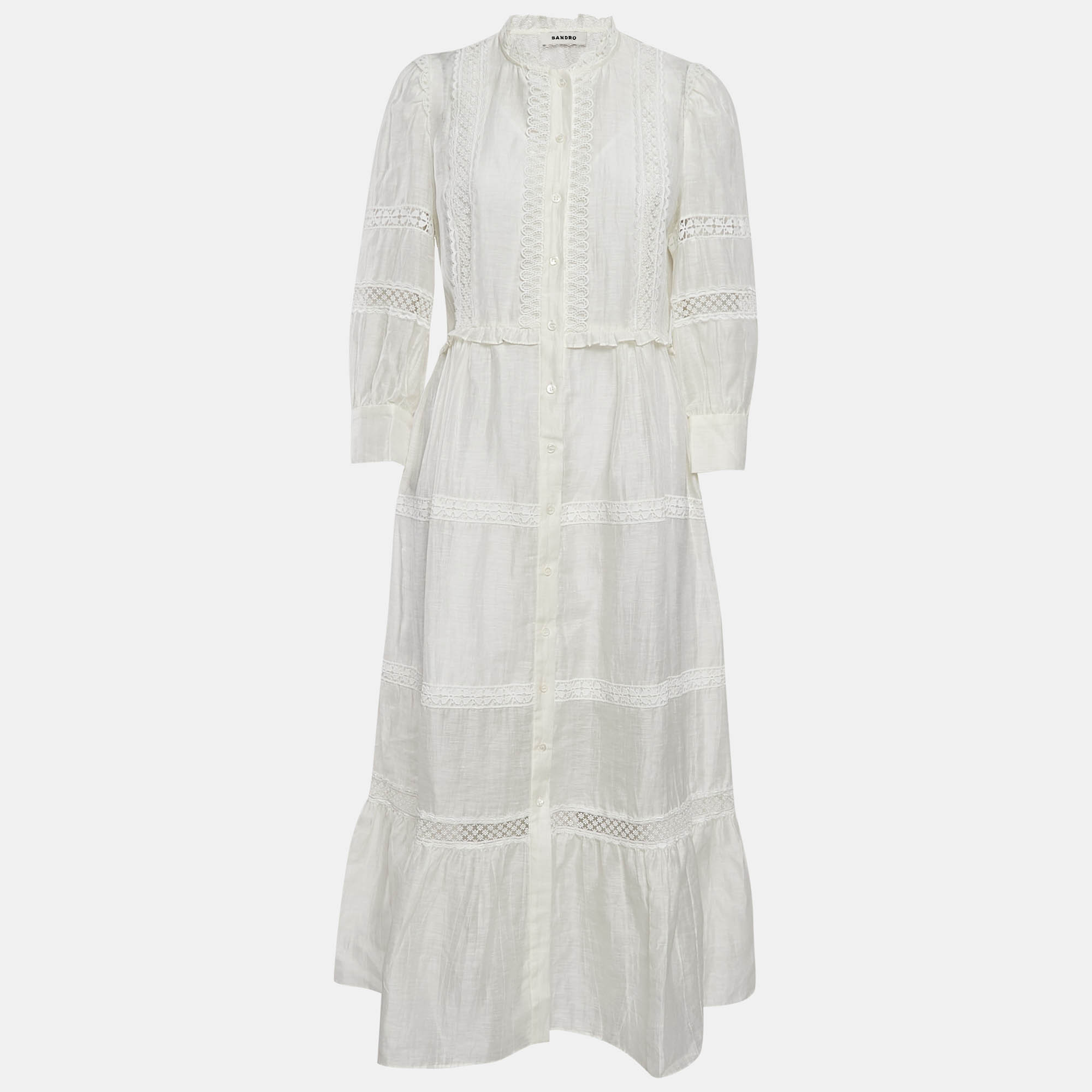 

Sandro Ivory White Lace Trim Linen Button Front Midi Dress L