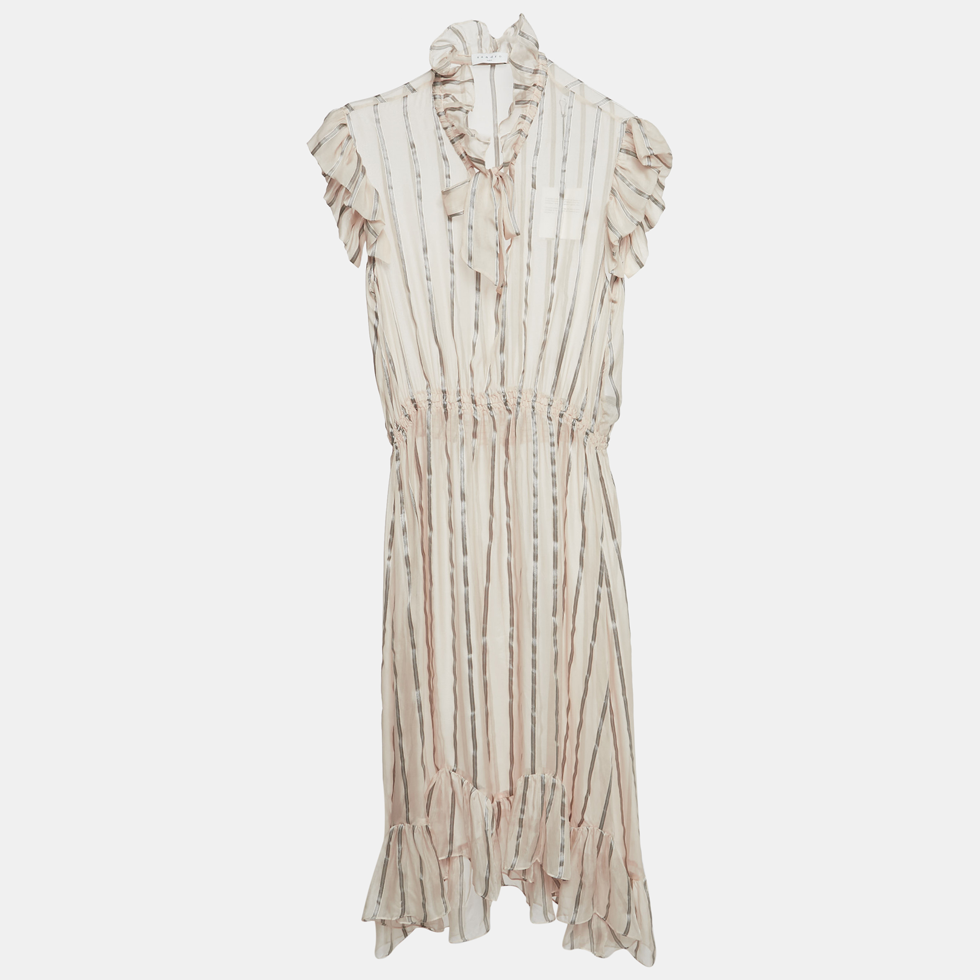 

Sandro Pink Stripe Silk Ruffled Midi Dress L