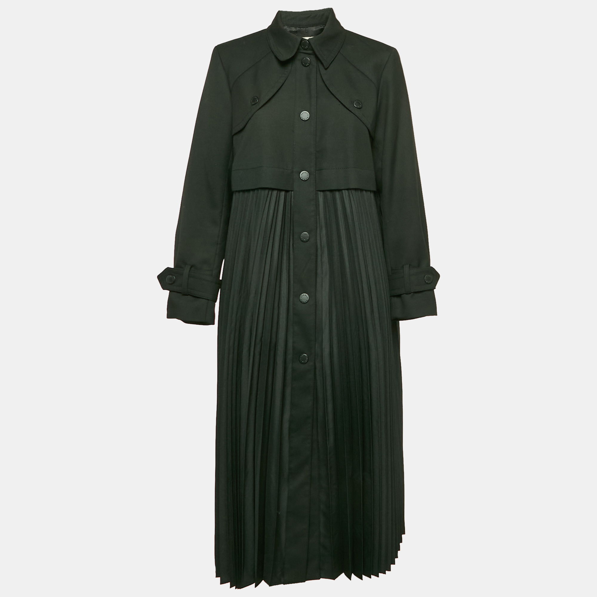 

Sandro Black Gabardine and Plisse Long Coat M
