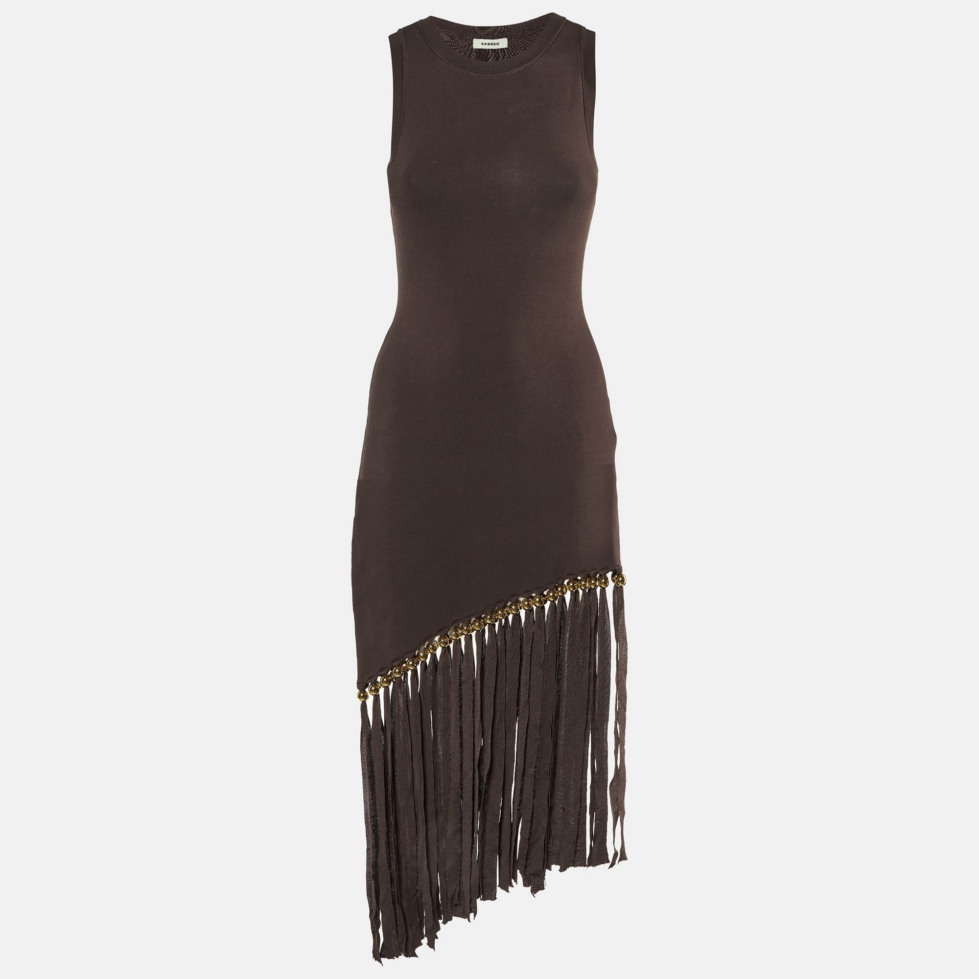 

Sandro Brown Knit Fringed Beaded Hem Bodycon Dress S