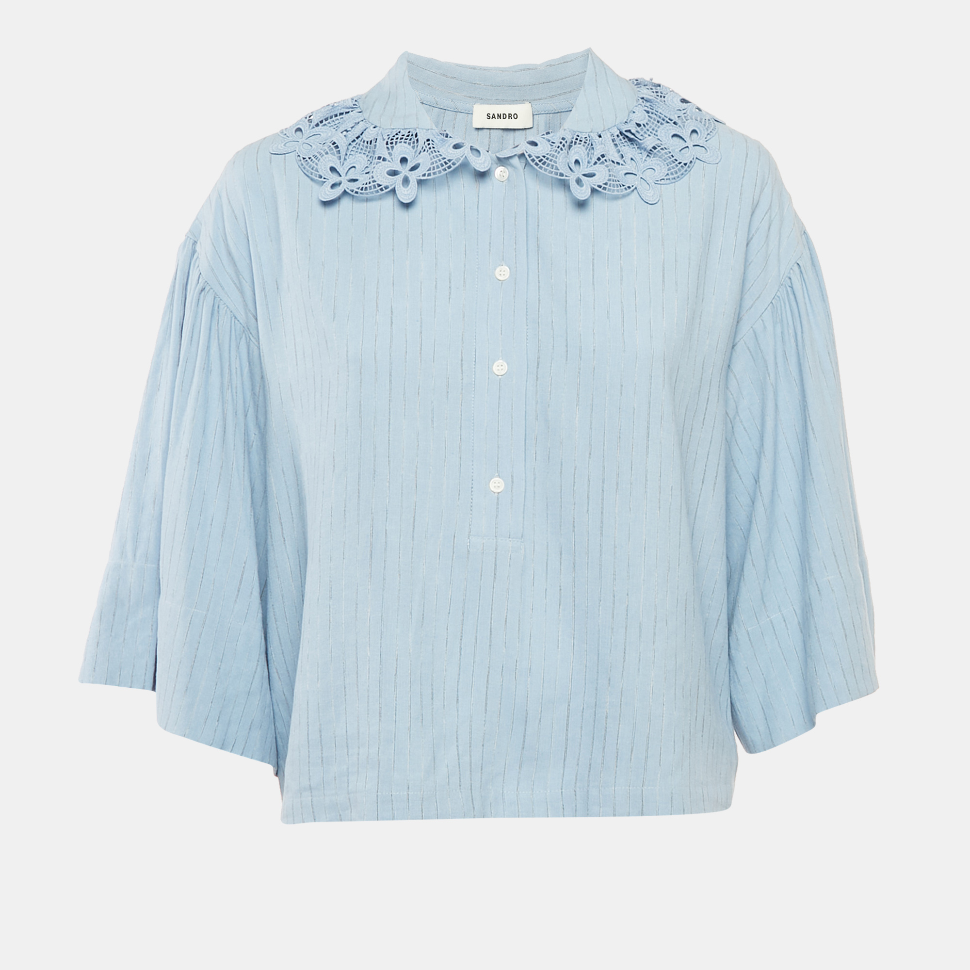 

Sandro Blue Striped Linen Blend Lace Collar Tim Top L