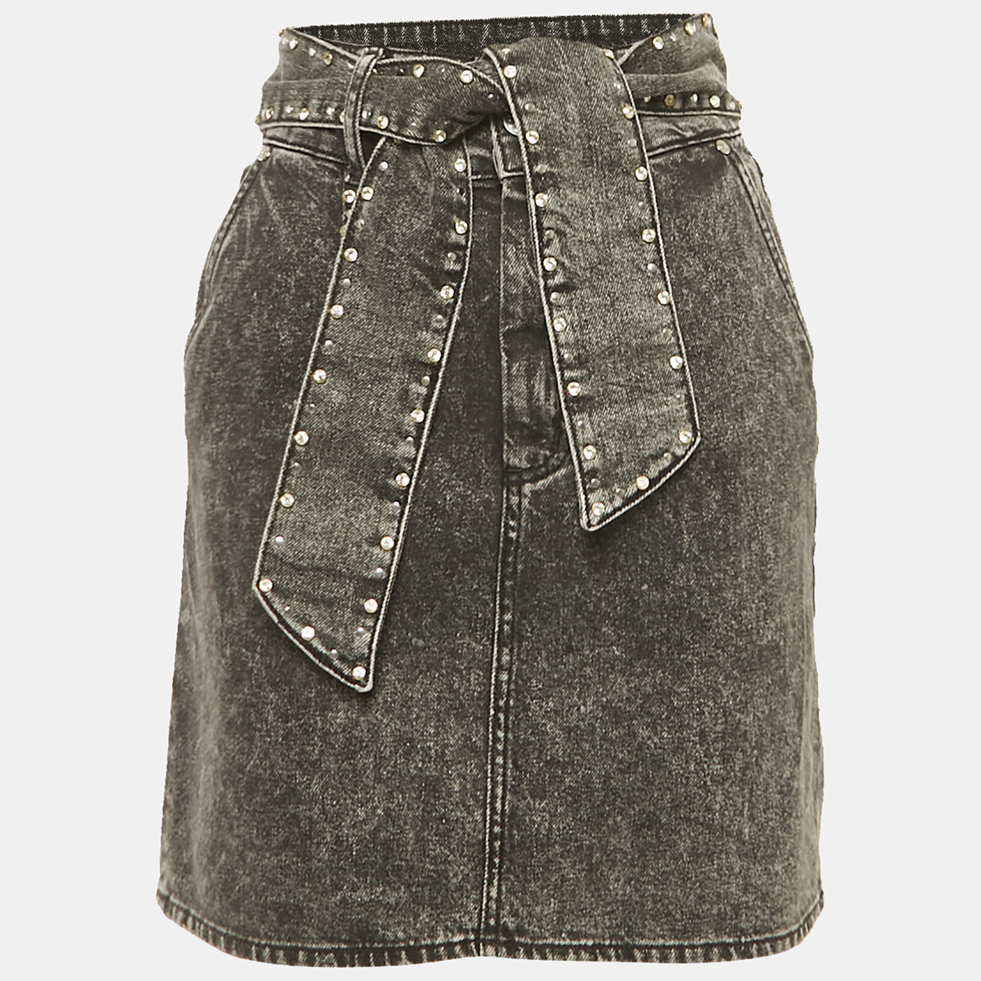 

Sandro Black Denim Stud Detail Belted Mini Skirt S