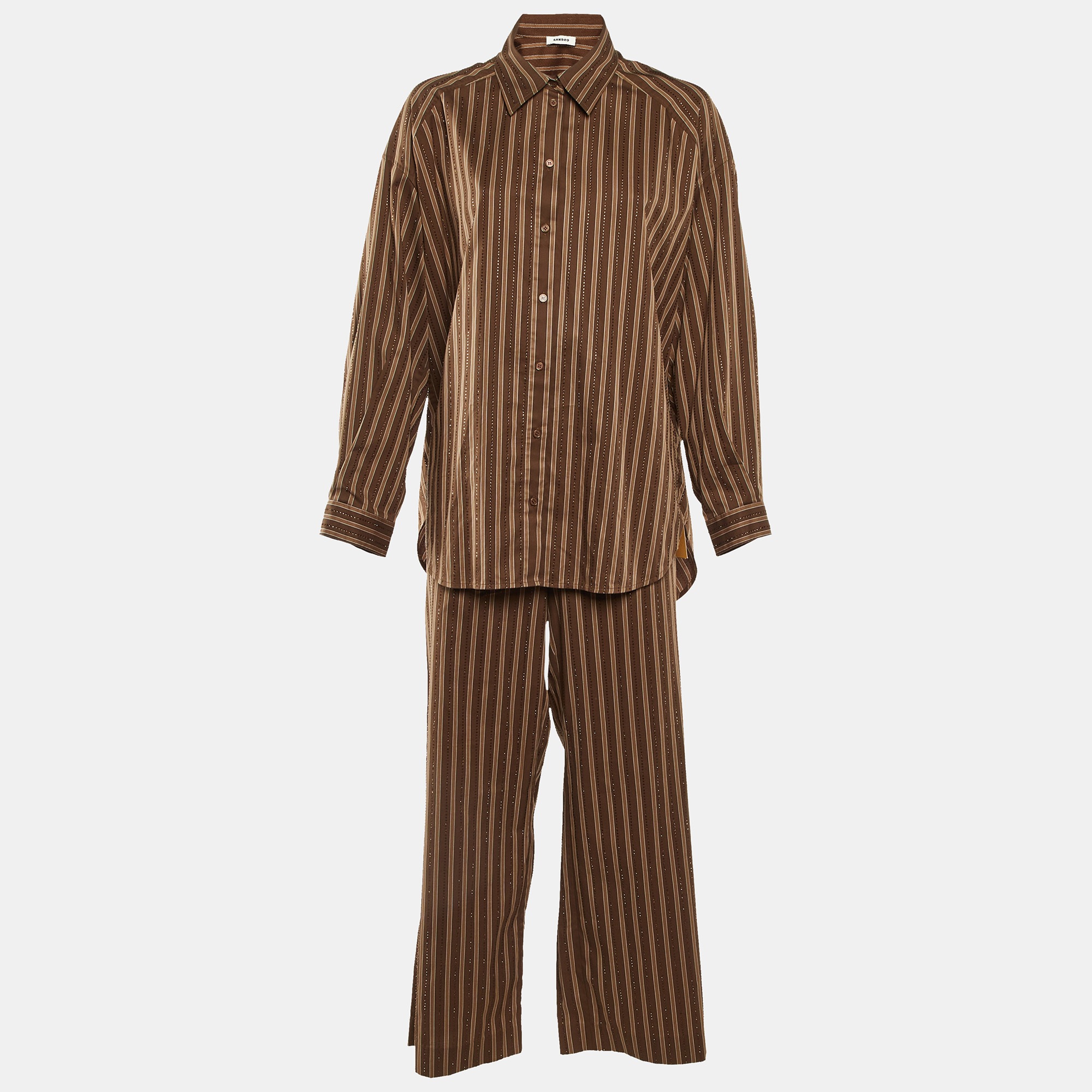 

Sandro Brown Striped Embellished Cotton Shirt & Pants Set XL