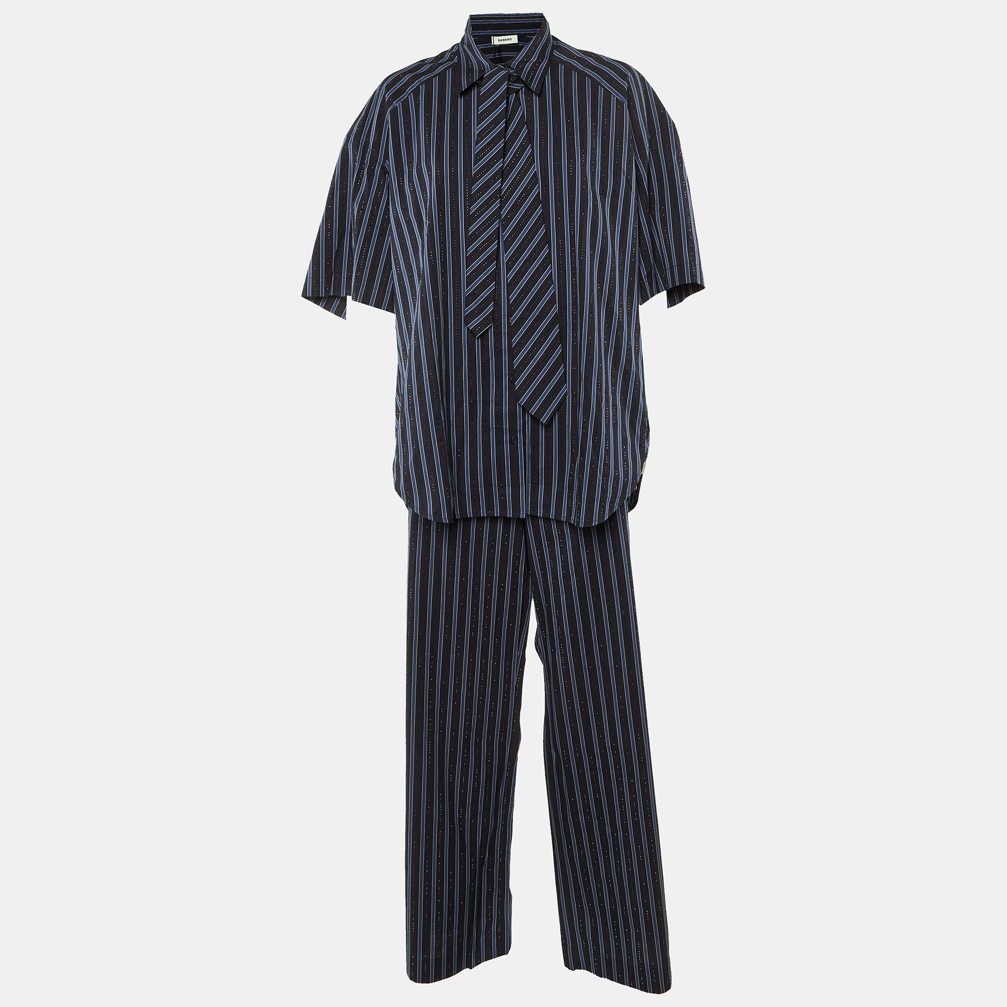 

Sandro Midnight Blue Stripe Cotton Rhinestone Embellished Shirt and Pants Set XL