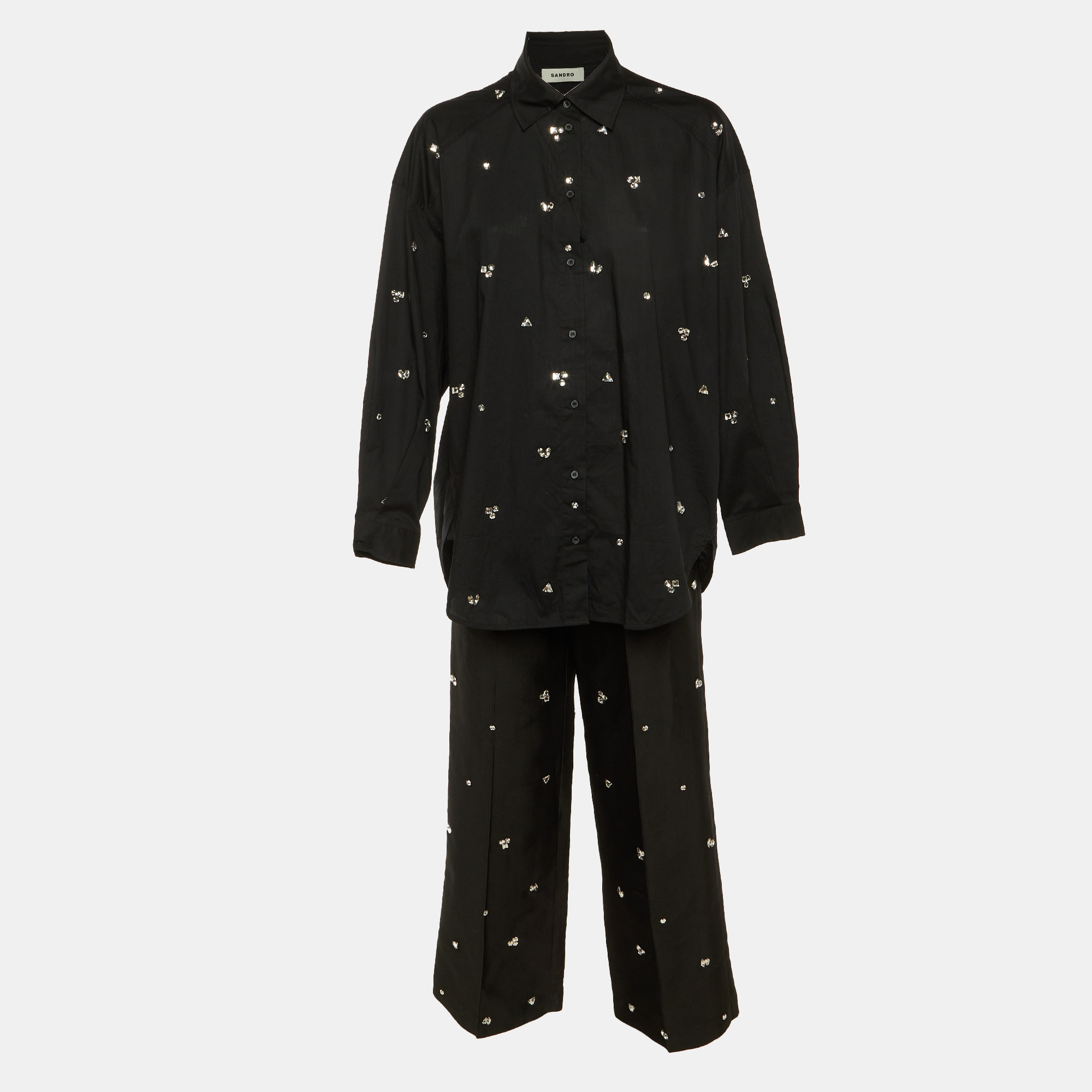 Pre-owned Sandro Black Cotton & Faille Rhinestone Embellished Shirt & Trousers Set S/m